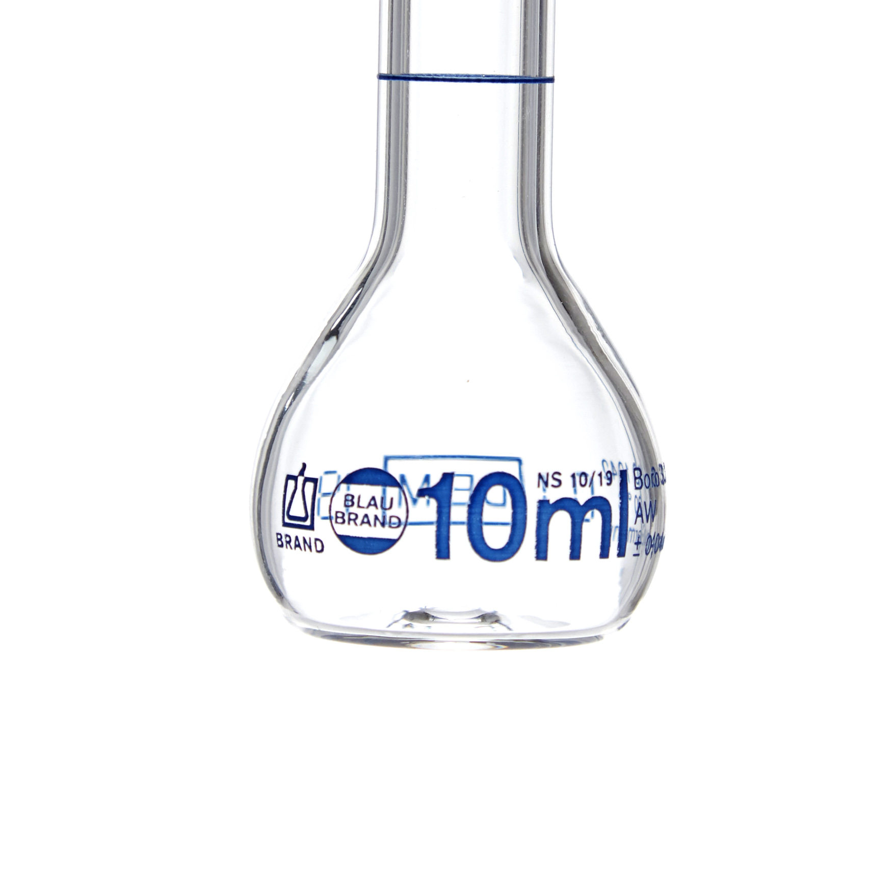 MATRAZ VOLUMÉTRICO DE 10ml CLASE A DIN. CUELLO ANCHO. TAPÓN DE VIDRIO. BRAND