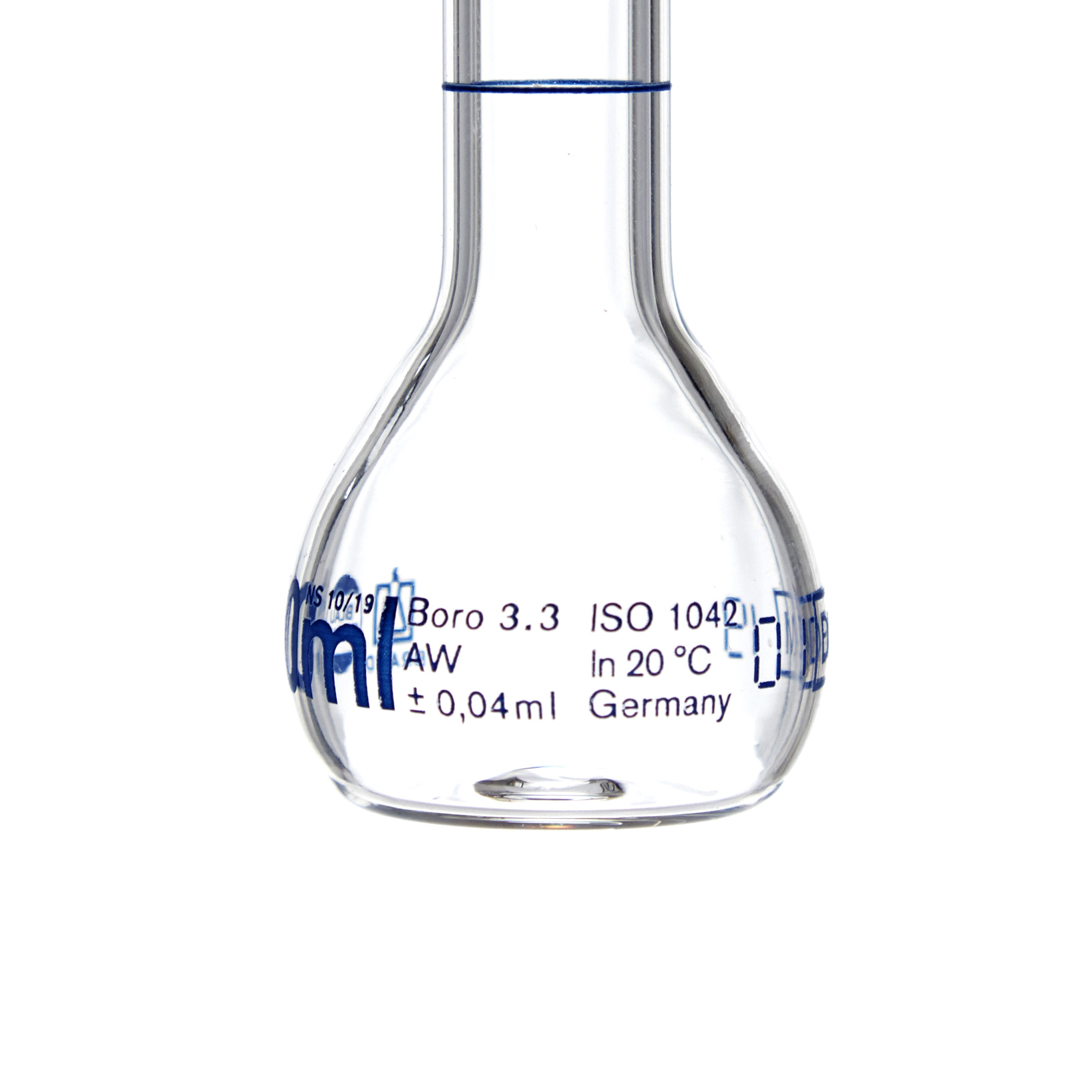 MATRAZ VOLUMÉTRICO DE 10ml CLASE A DIN. CUELLO ANCHO. TAPÓN DE VIDRIO. BRAND