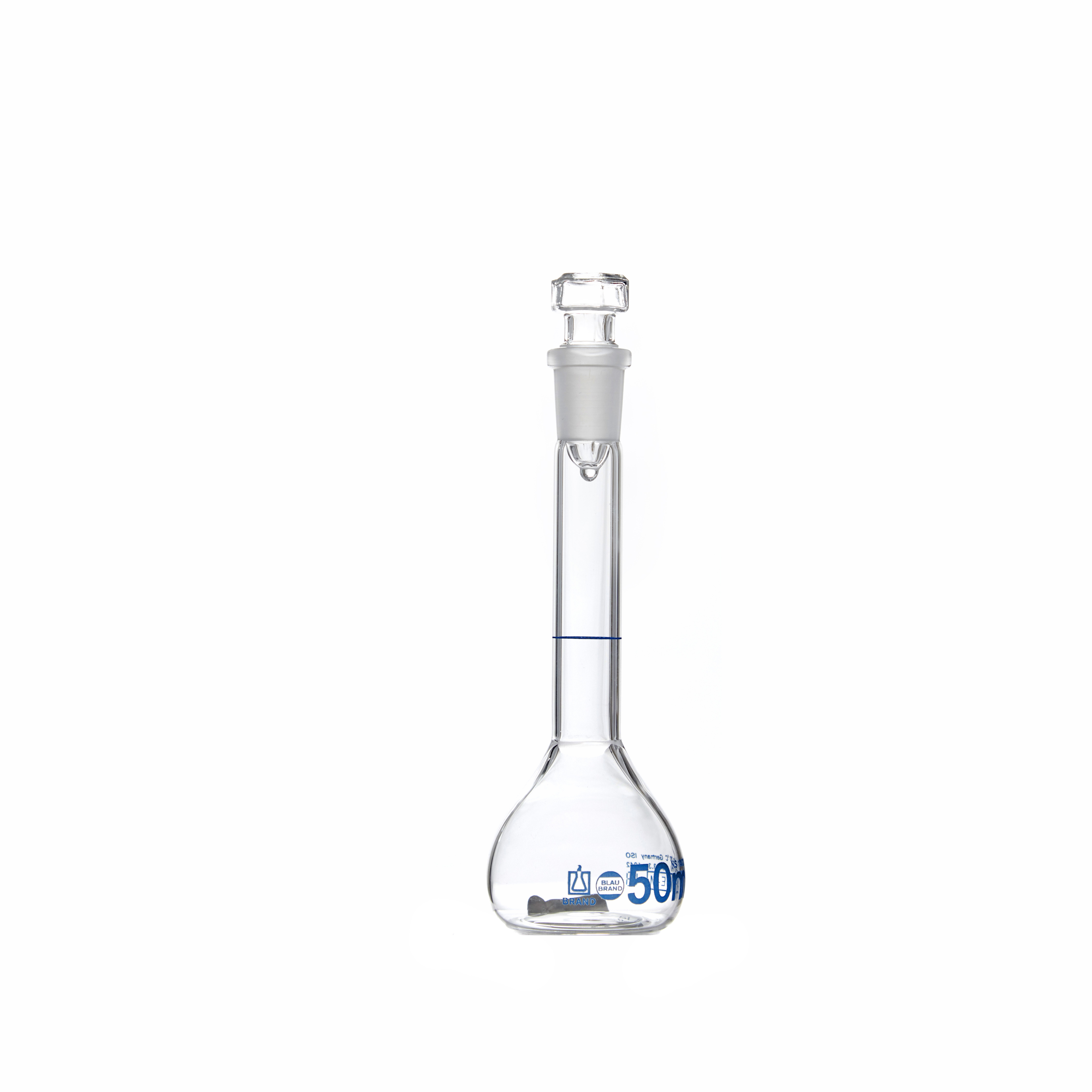 MATRAZ VOLUMÉTRICO DE 50ml CLASE A DIN. CUELLO ANCHO. TAPÓN DE VIDRIO. BRAND