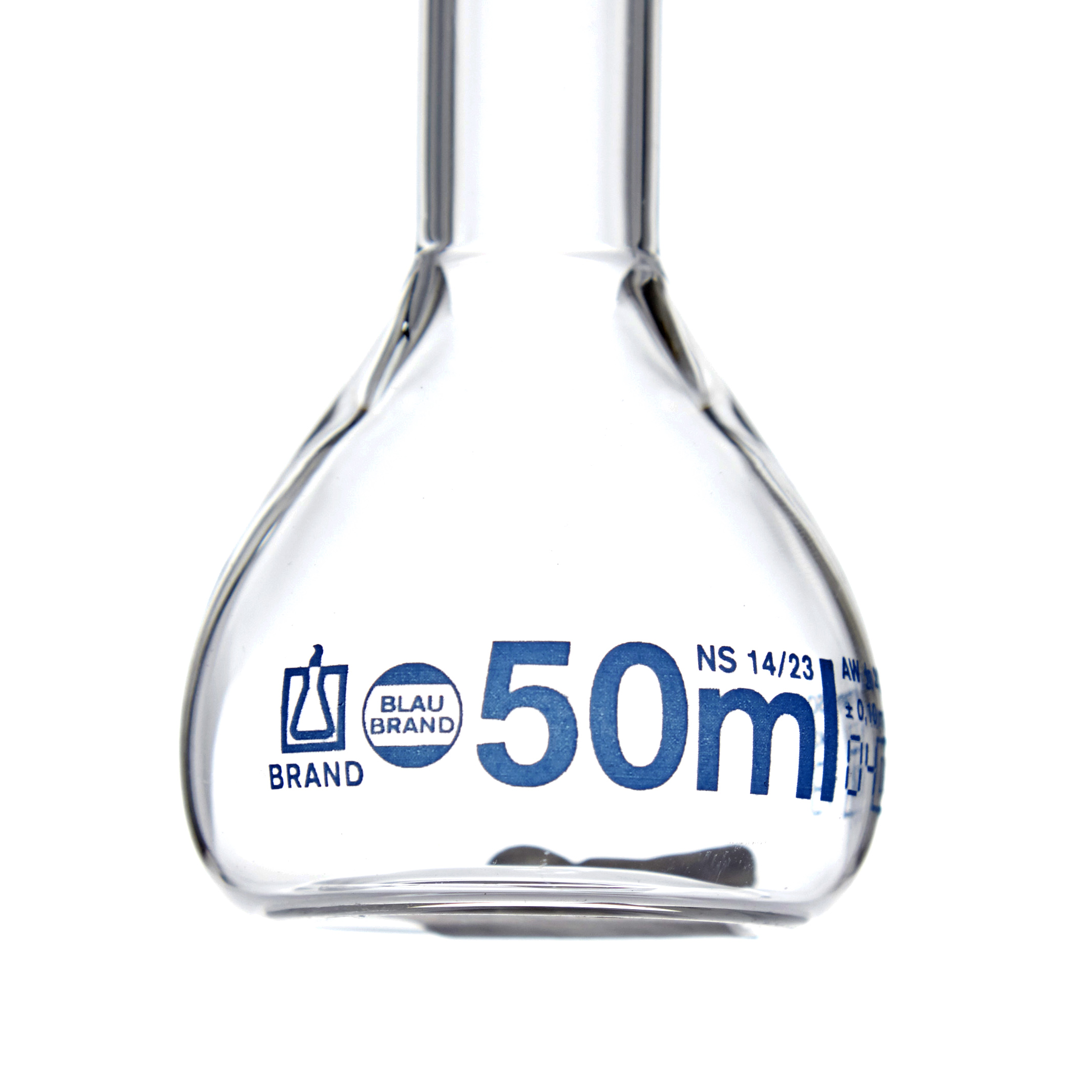 MATRAZ VOLUMÉTRICO DE 50ml CLASE A DIN. CUELLO ANCHO. TAPÓN DE VIDRIO. BRAND