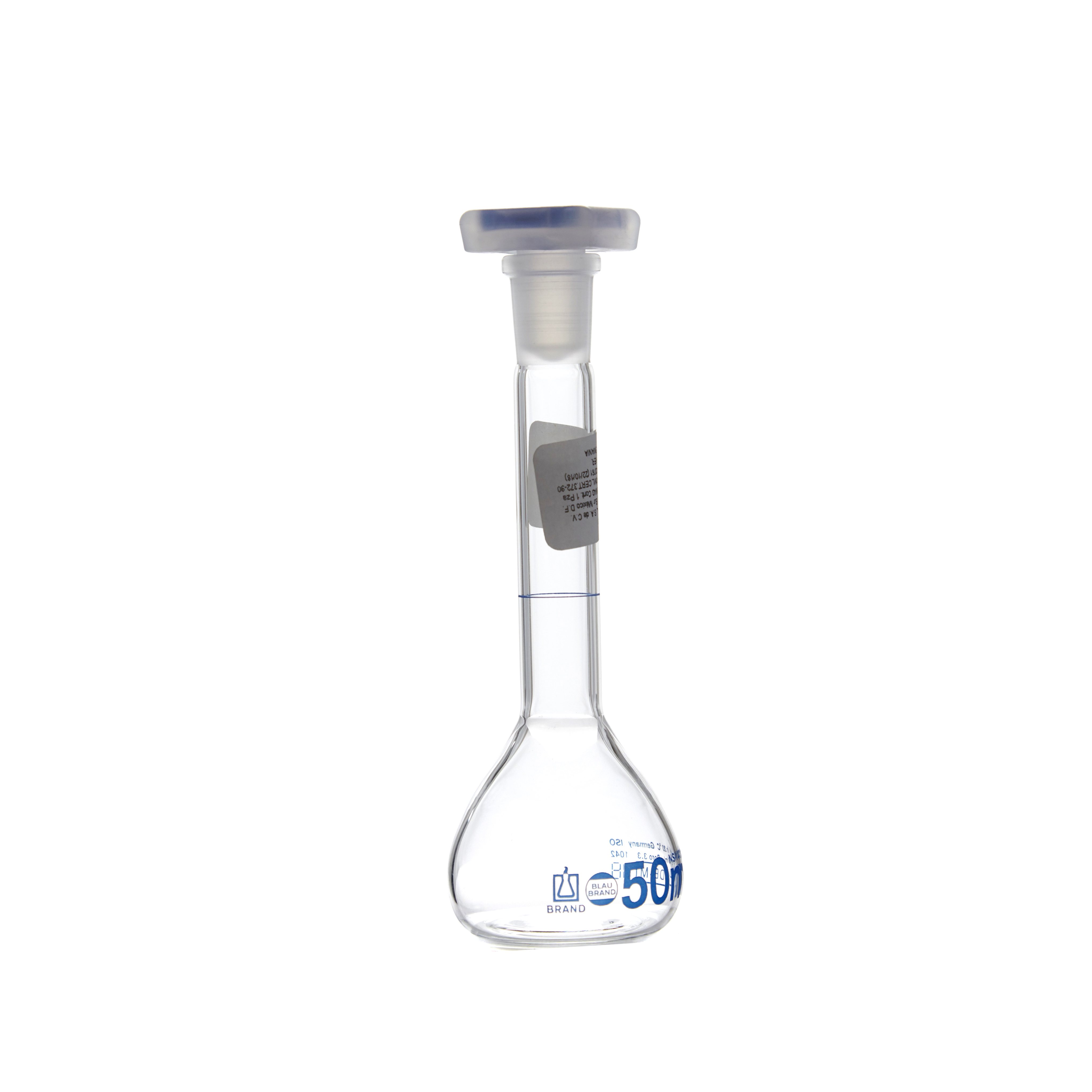 MATRAZ VOLUMÉTRICO DE 50ml CLASE A DIN. CUELLO ANCHO. TAPÓN DE PLÁSTICO. BRAND
