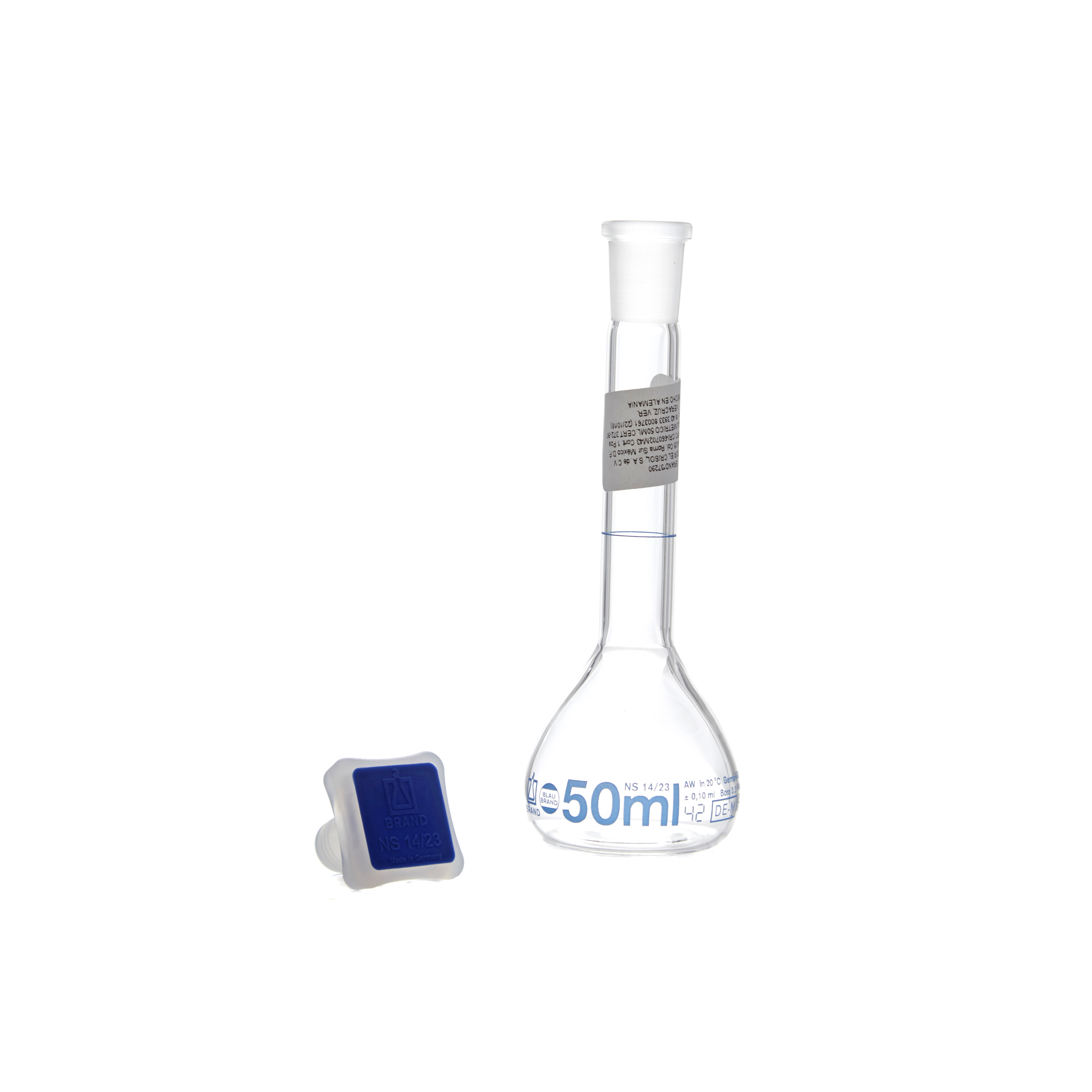 MATRAZ VOLUMÉTRICO DE 50ml CLASE A DIN. CUELLO ANCHO. TAPÓN DE PLÁSTICO. BRAND
