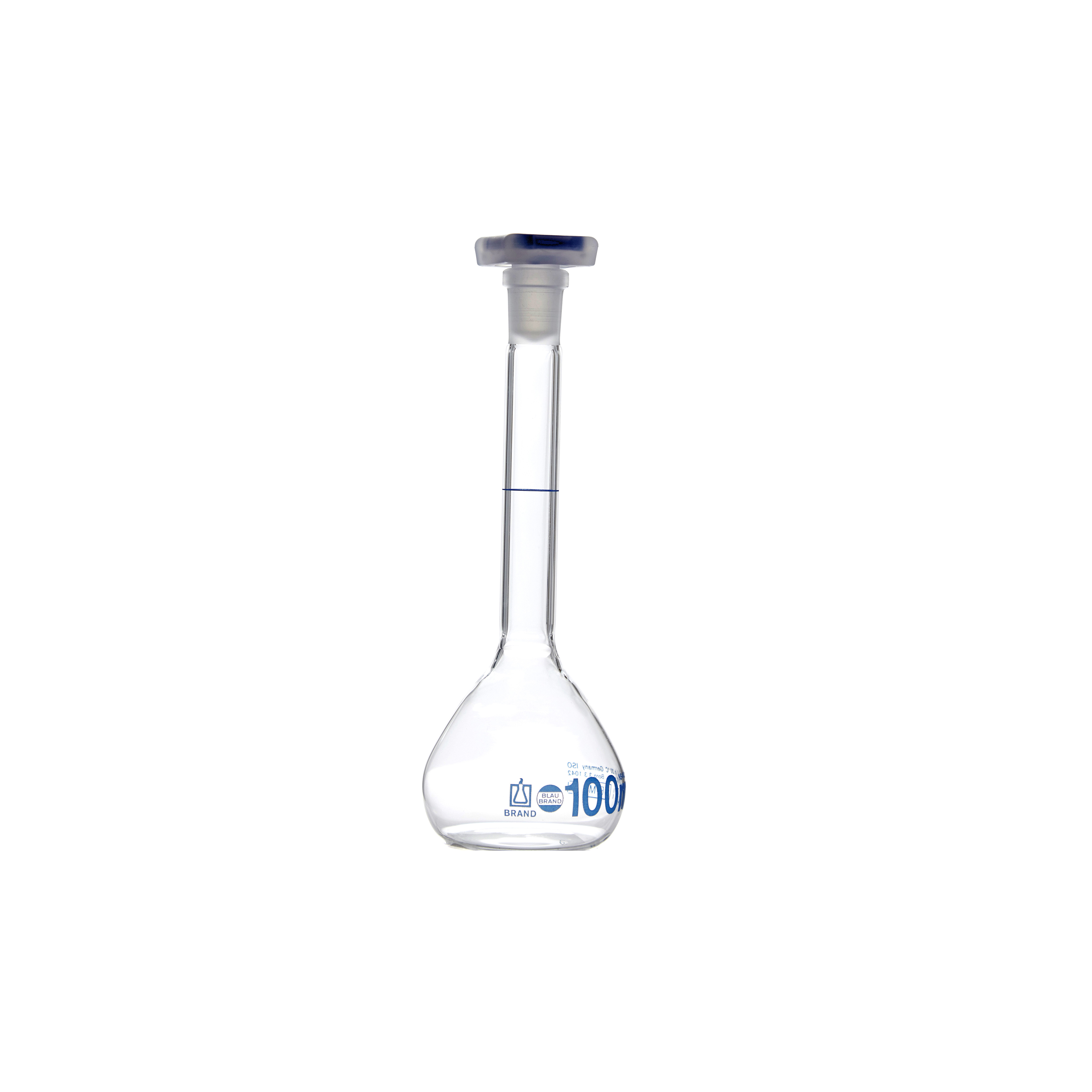MATRAZ VOLUMÉTRICO DE 100ml CLASE A DIN. CUELLO ANCHO. TAPÓN DE PLÁSTICO. BRAND