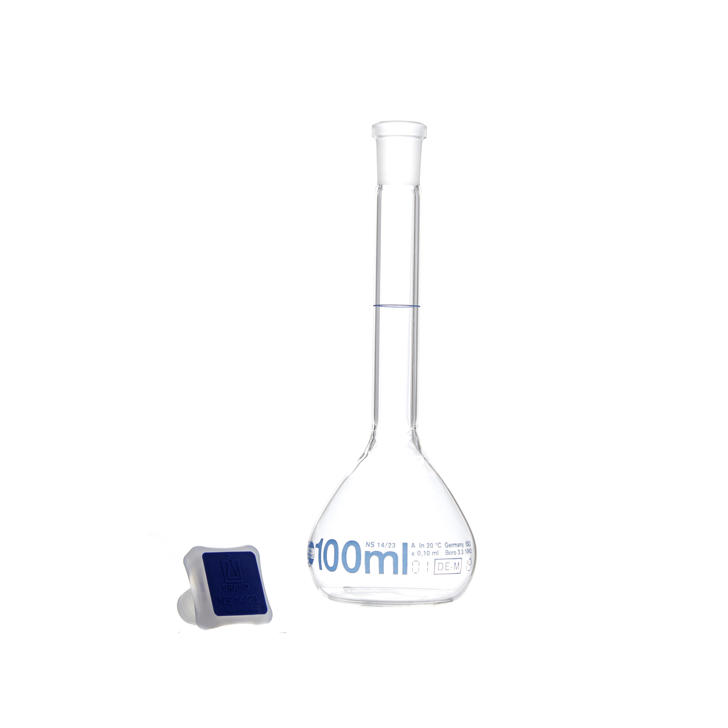 MATRAZ VOLUMÉTRICO DE 100ml CLASE A DIN. CUELLO ANCHO. TAPÓN DE PLÁSTICO. BRAND