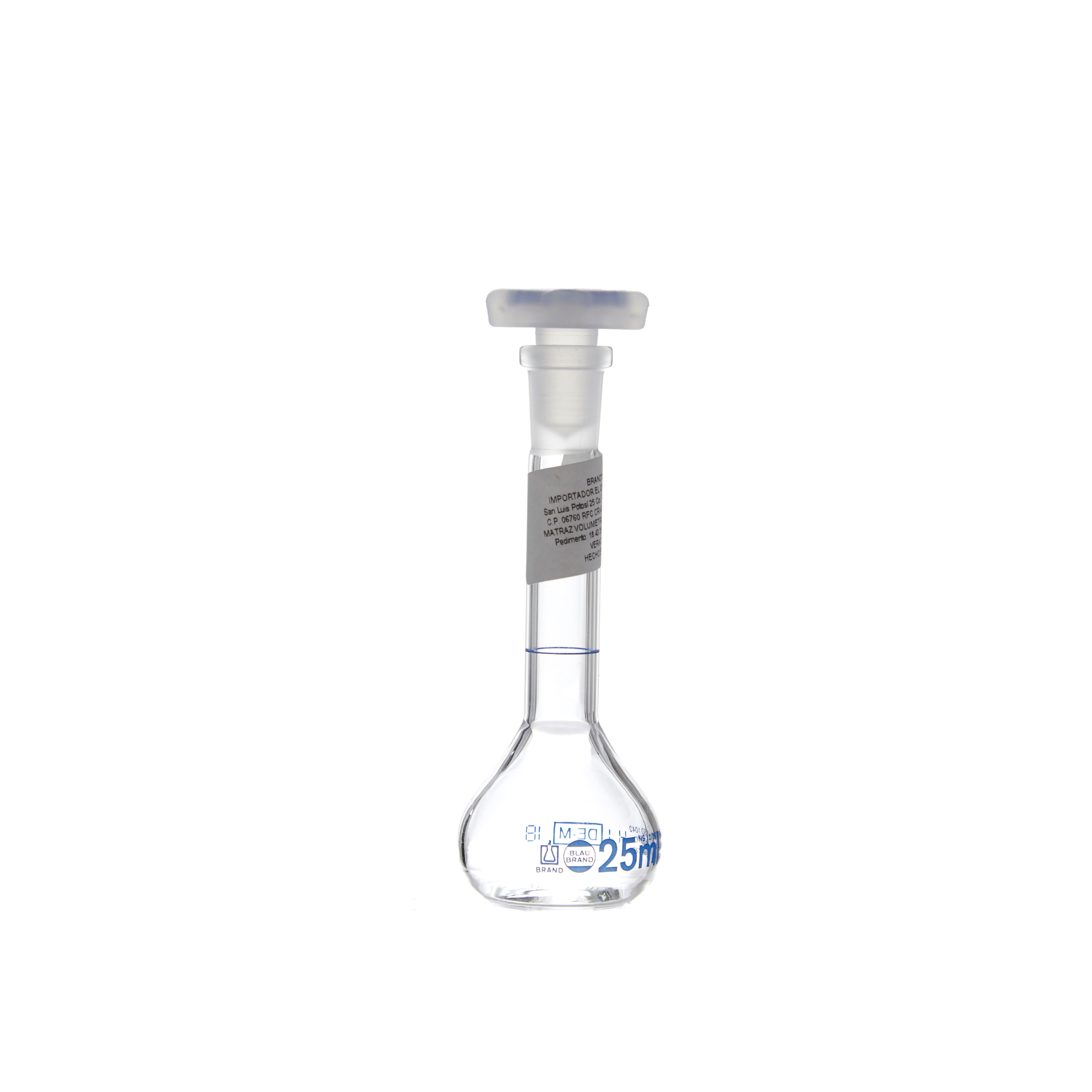 MATRAZ VOLUMÉTRICO DE 25ml CLASE A DIN. CUELLO ANCHO. TAPÓN DE PLÁSTICO. BRAND