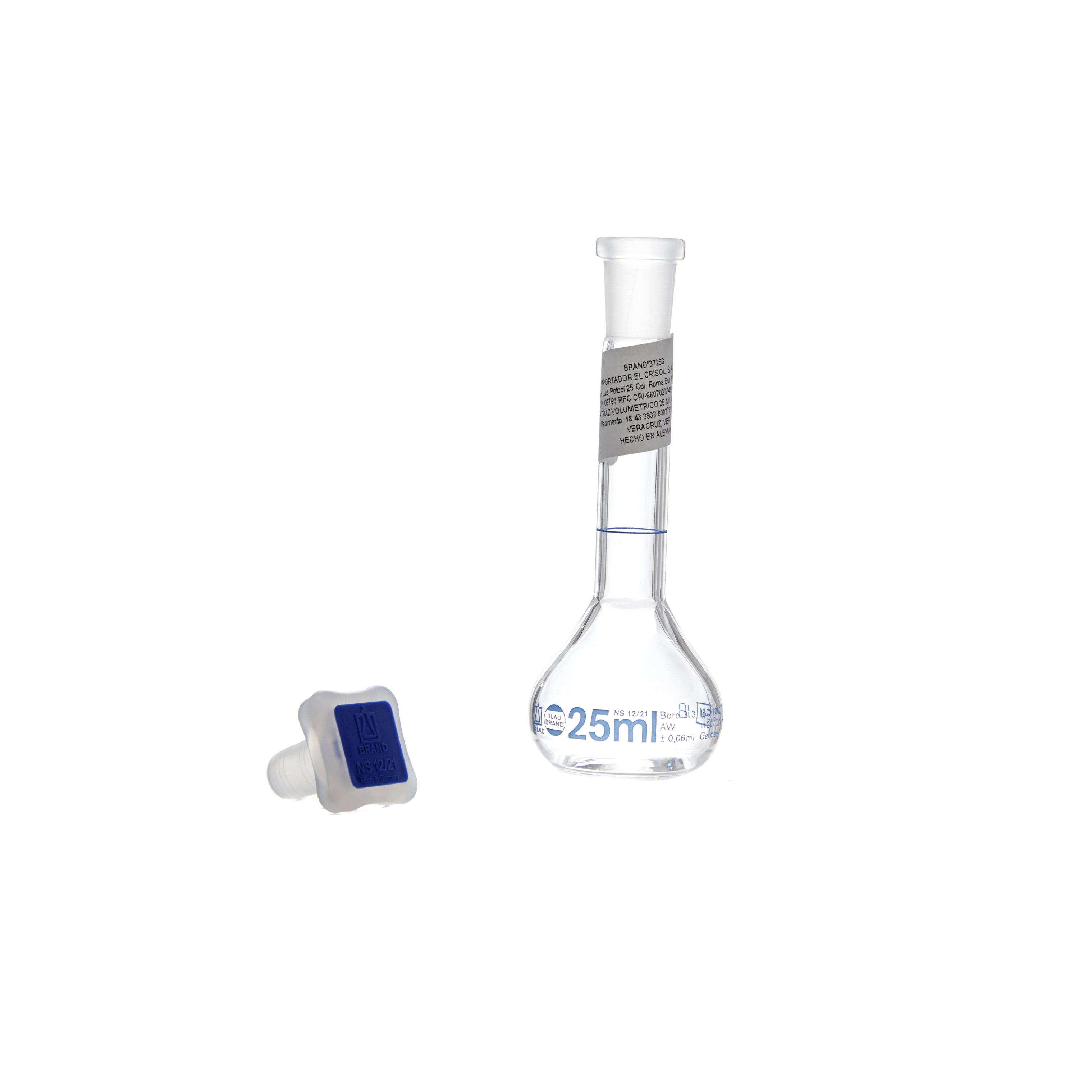 MATRAZ VOLUMÉTRICO DE 25ml CLASE A DIN. CUELLO ANCHO. TAPÓN DE PLÁSTICO. BRAND