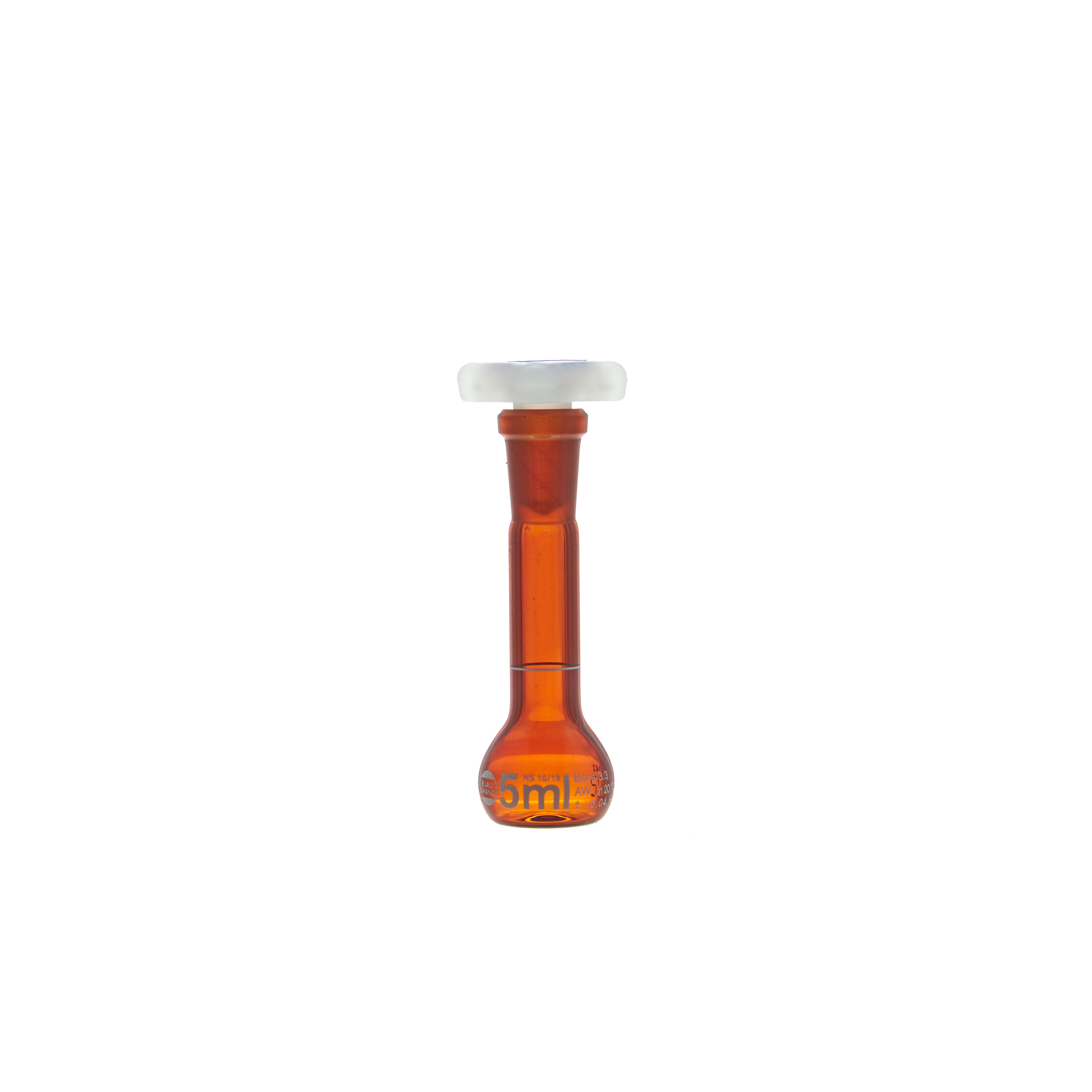 MATRAZ VOLUMÉTRICO DE 5ml CLASE A DIN ACTÍNICO. CUELLO ANCHO. TAPÓN DE PLÁSTICO. BRAND