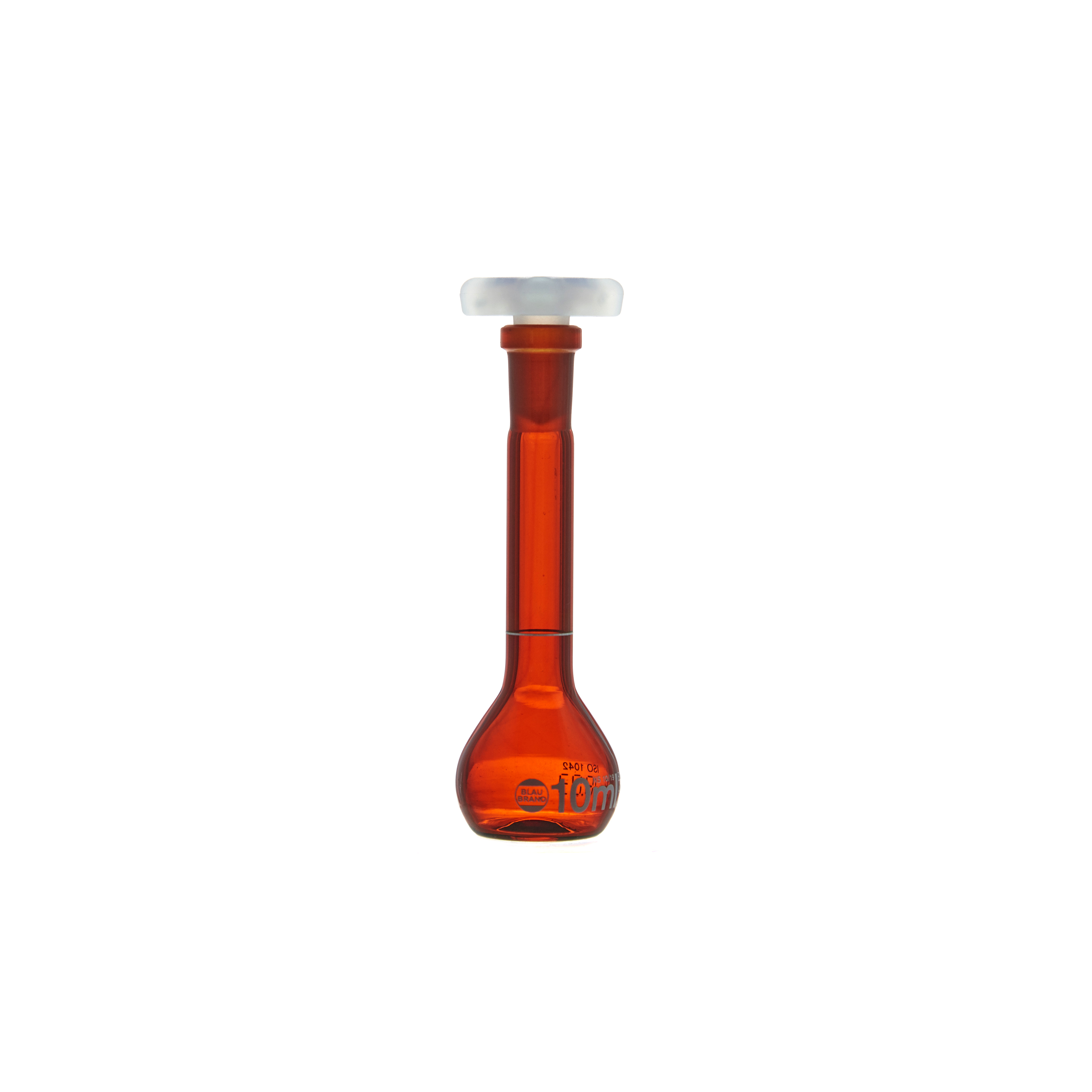 MATRAZ VOLUMÉTRICO DE 10ml CLASE A DIN ACTÍNICO. CUELLO ANCHO. TAPÓN DE PLÁSTICO. BRAND