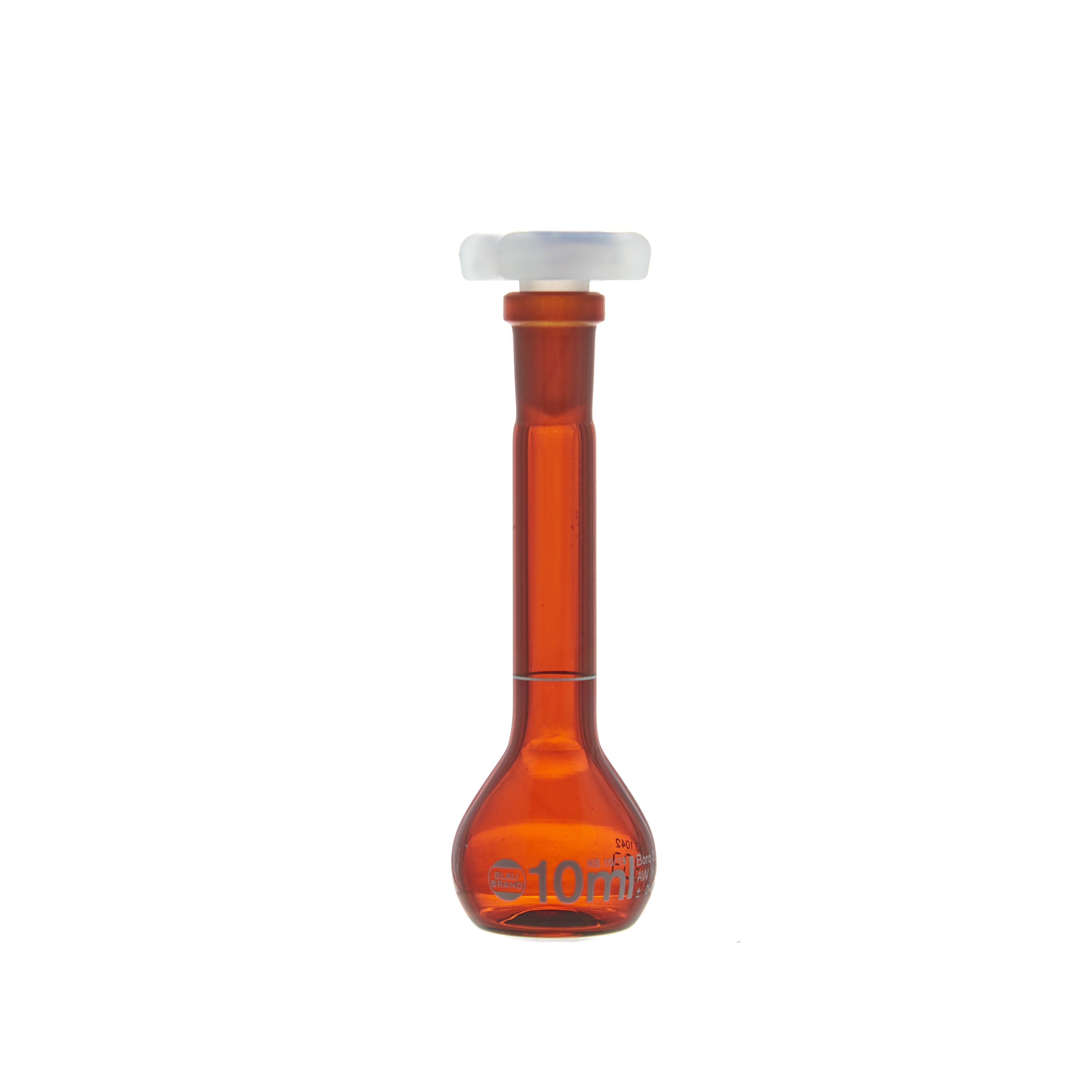 MATRAZ VOLUMÉTRICO DE 10ml CLASE A DIN ACTÍNICO. CUELLO ANCHO. TAPÓN DE PLÁSTICO. BRAND