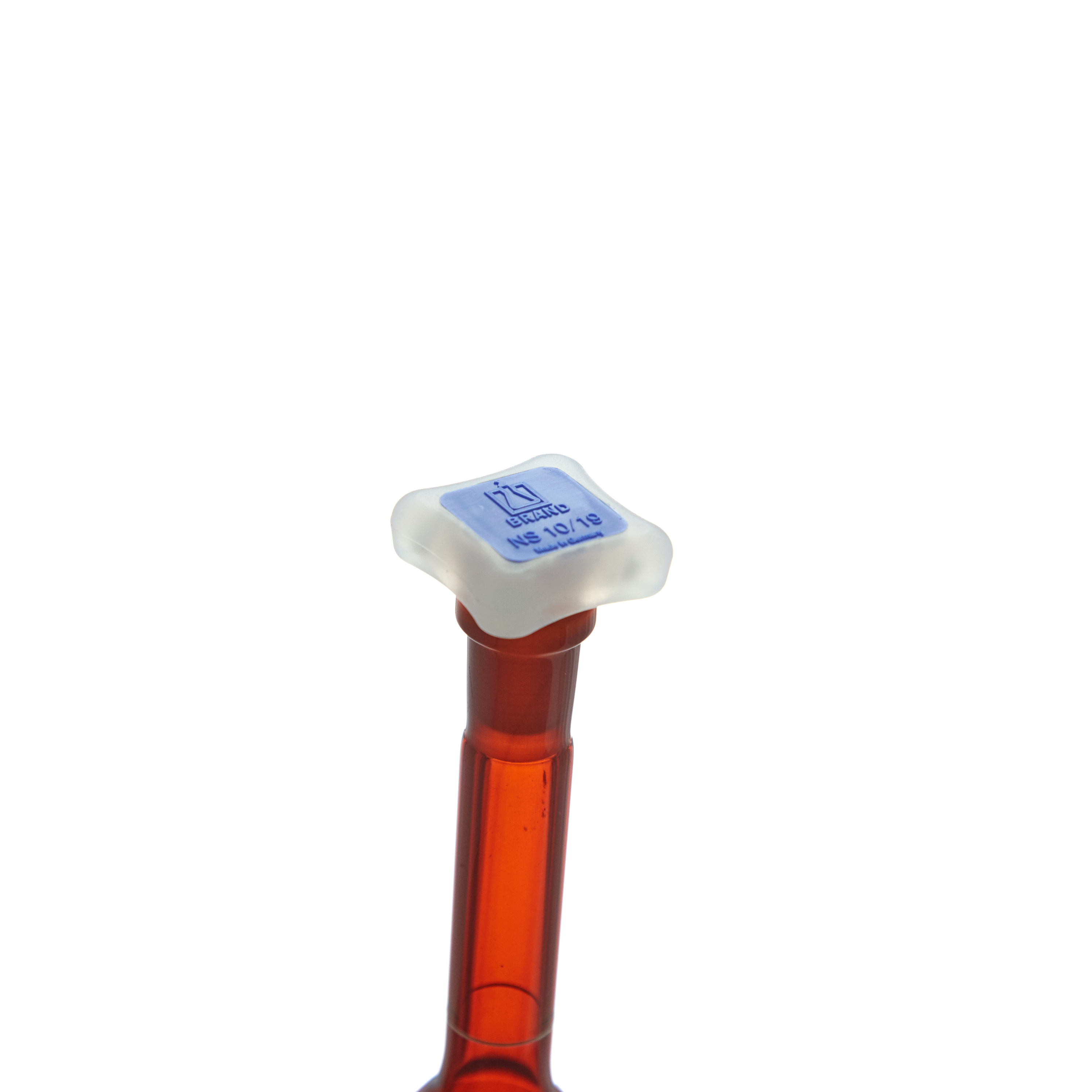 MATRAZ VOLUMÉTRICO DE 10ml CLASE A DIN ACTÍNICO. CUELLO ANCHO. TAPÓN DE PLÁSTICO. BRAND