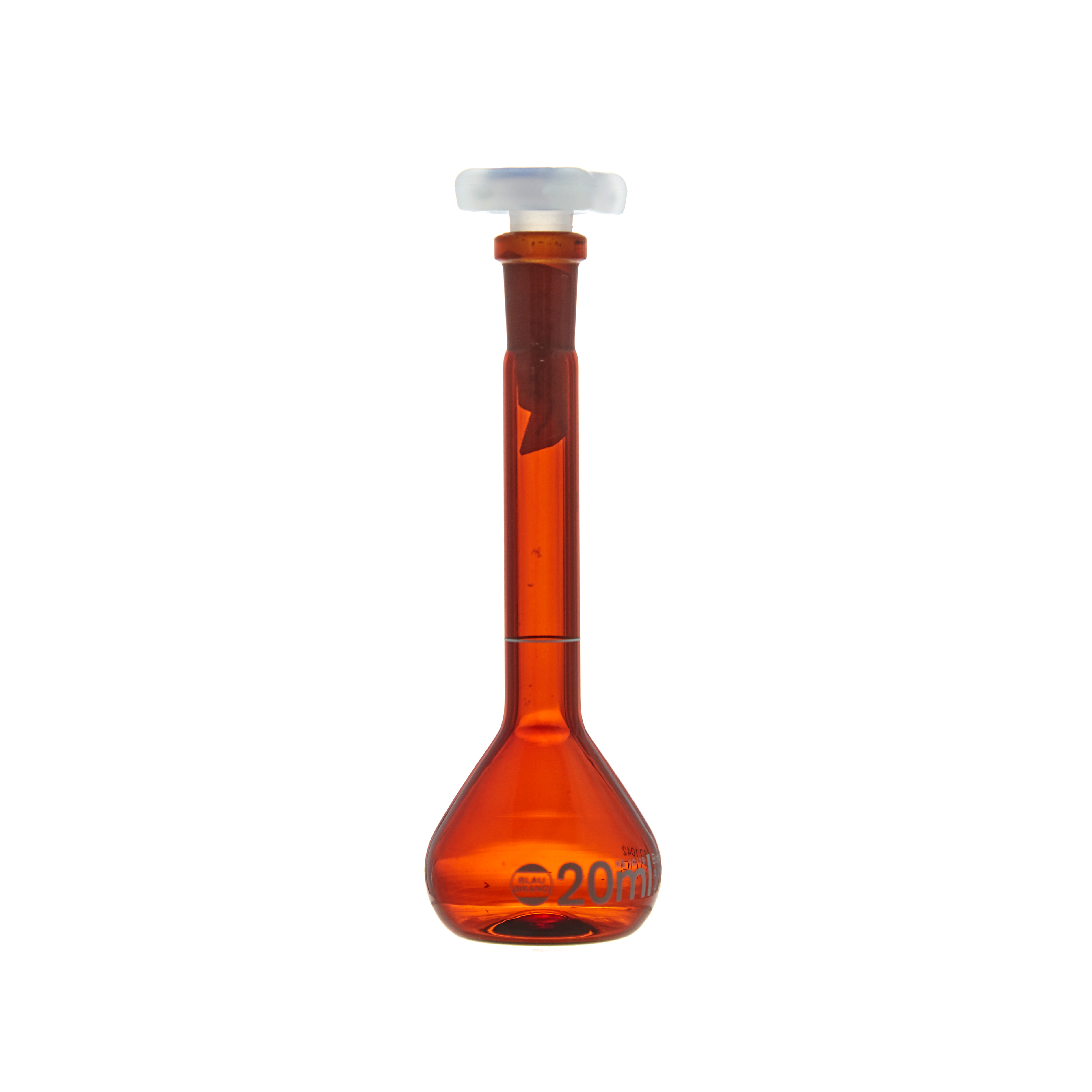 MATRAZ VOLUMÉTRICO DE 20ml CLASE A DIN ACTÍNICO. TAPÓN DE PLÁSTICO. BRAND