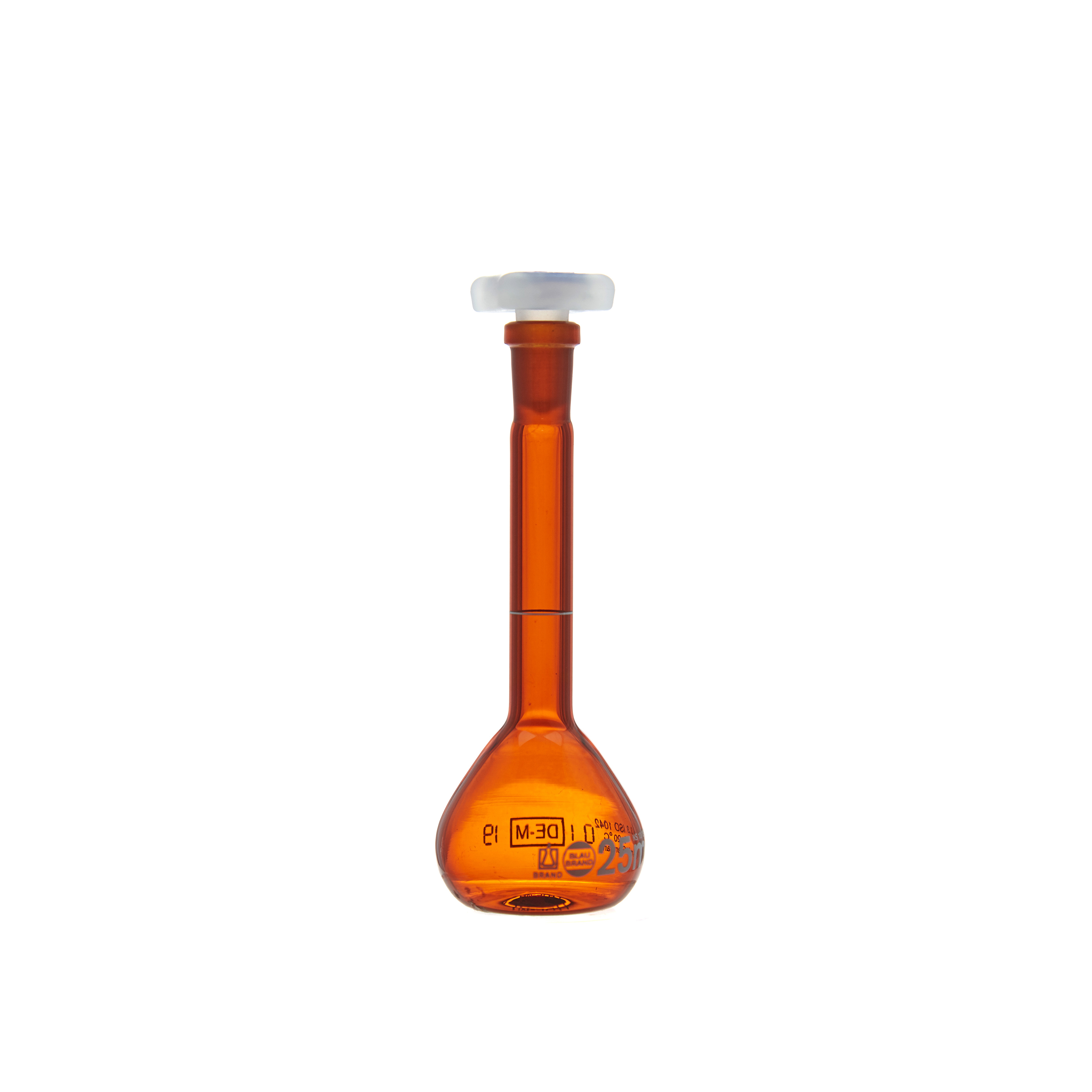 MATRAZ VOLUMÉTRICO DE 25ml CLASE A DIN ACTÍNICO. TAPÓN DE PLÁSTICO. BRAND
