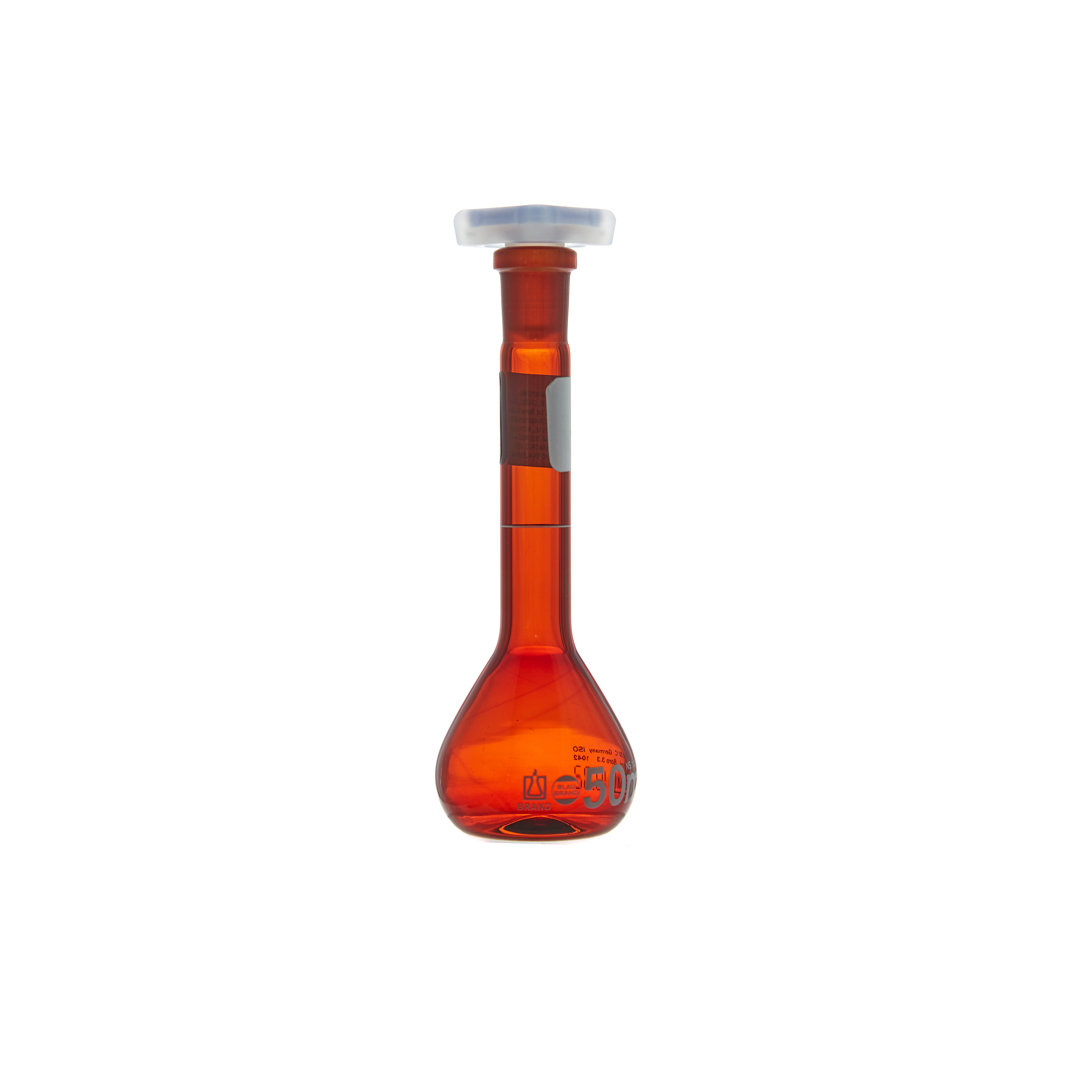 MATRAZ VOLUMÉTRICO DE 50ml CLASE A DIN ACTÍNICO. CUELLO ANCHO. TAPÓN DE PLÁSTICO. BRAND