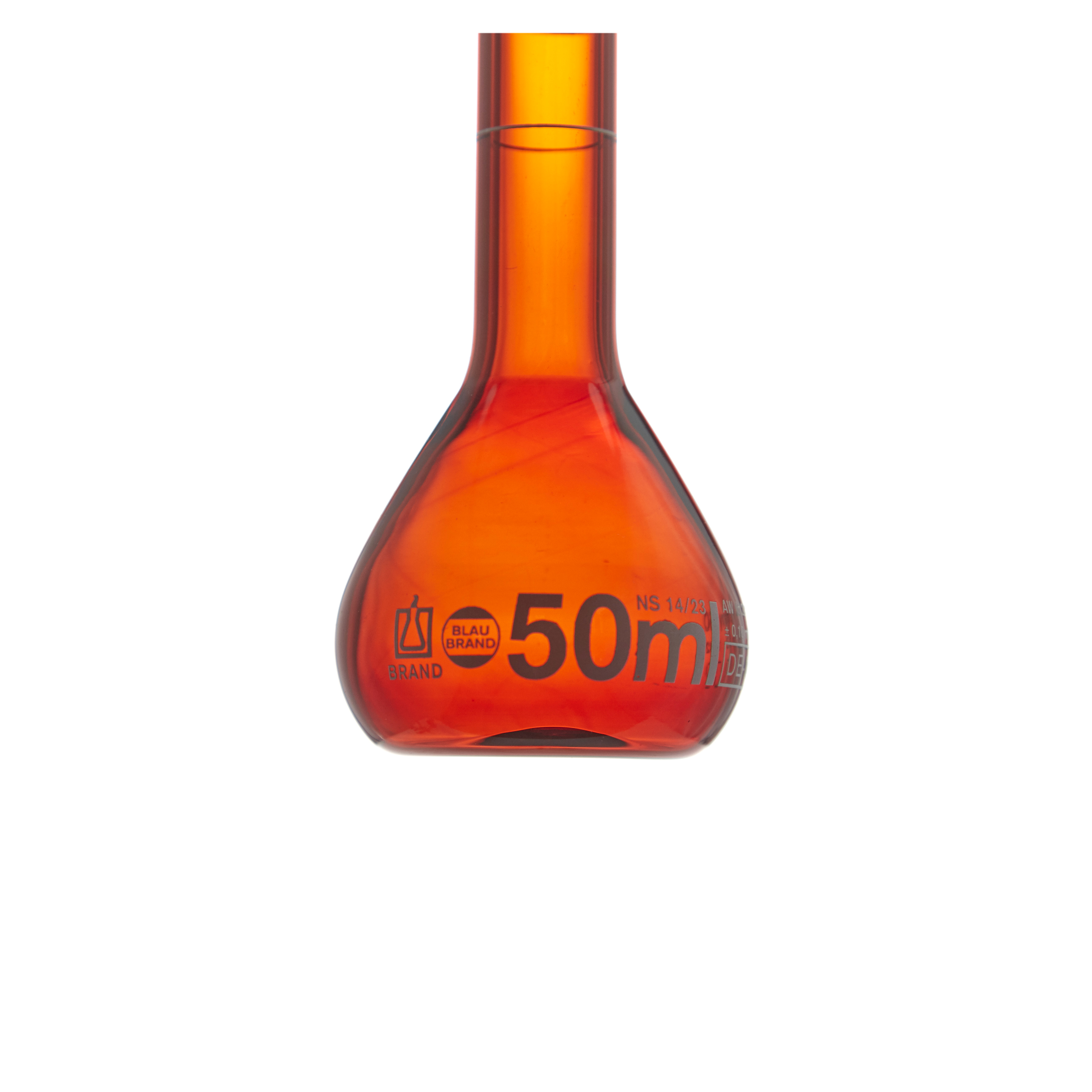 MATRAZ VOLUMÉTRICO DE 50ml CLASE A DIN ACTÍNICO. CUELLO ANCHO. TAPÓN DE PLÁSTICO. BRAND