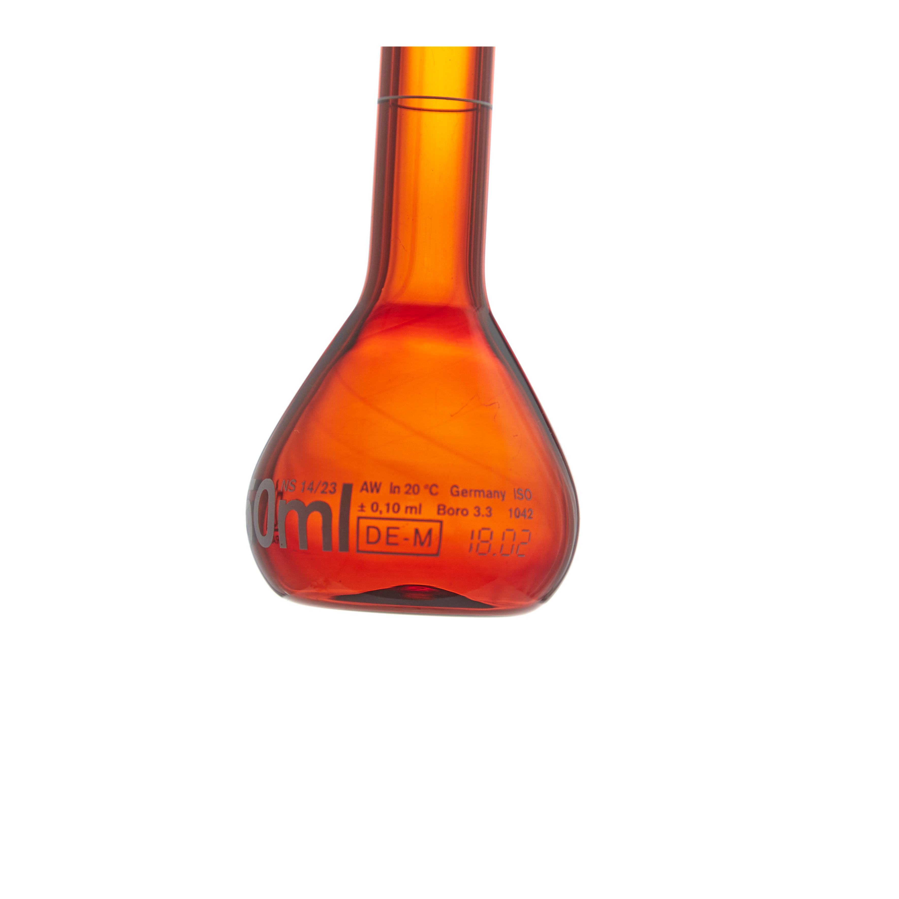 MATRAZ VOLUMÉTRICO DE 50ml CLASE A DIN ACTÍNICO. CUELLO ANCHO. TAPÓN DE PLÁSTICO. BRAND