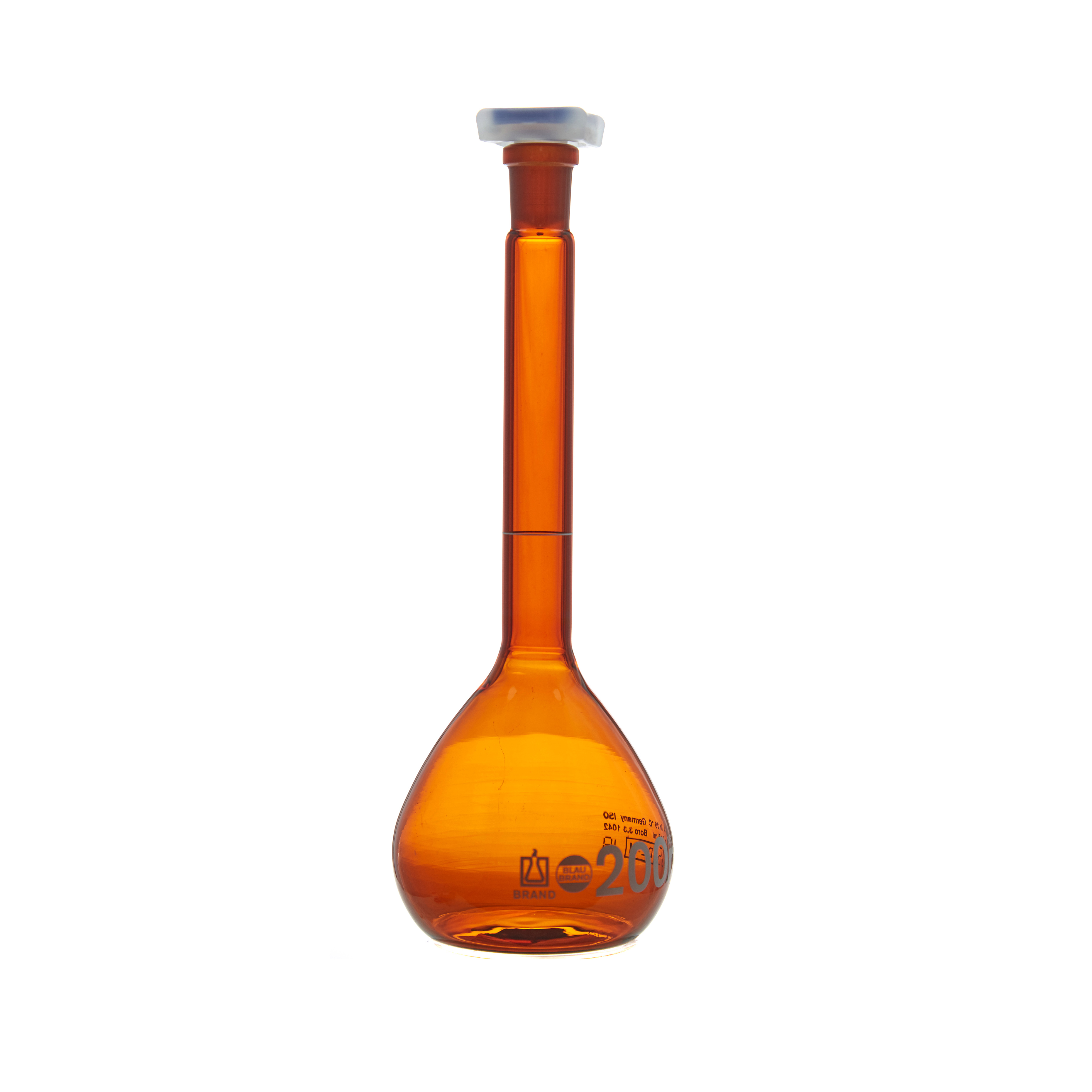 MATRAZ VOLUMÉTRICO DE 200ml CLASE A DIN ACTÍNICO. TAPÓN DE PLÁSTICO. BRAND