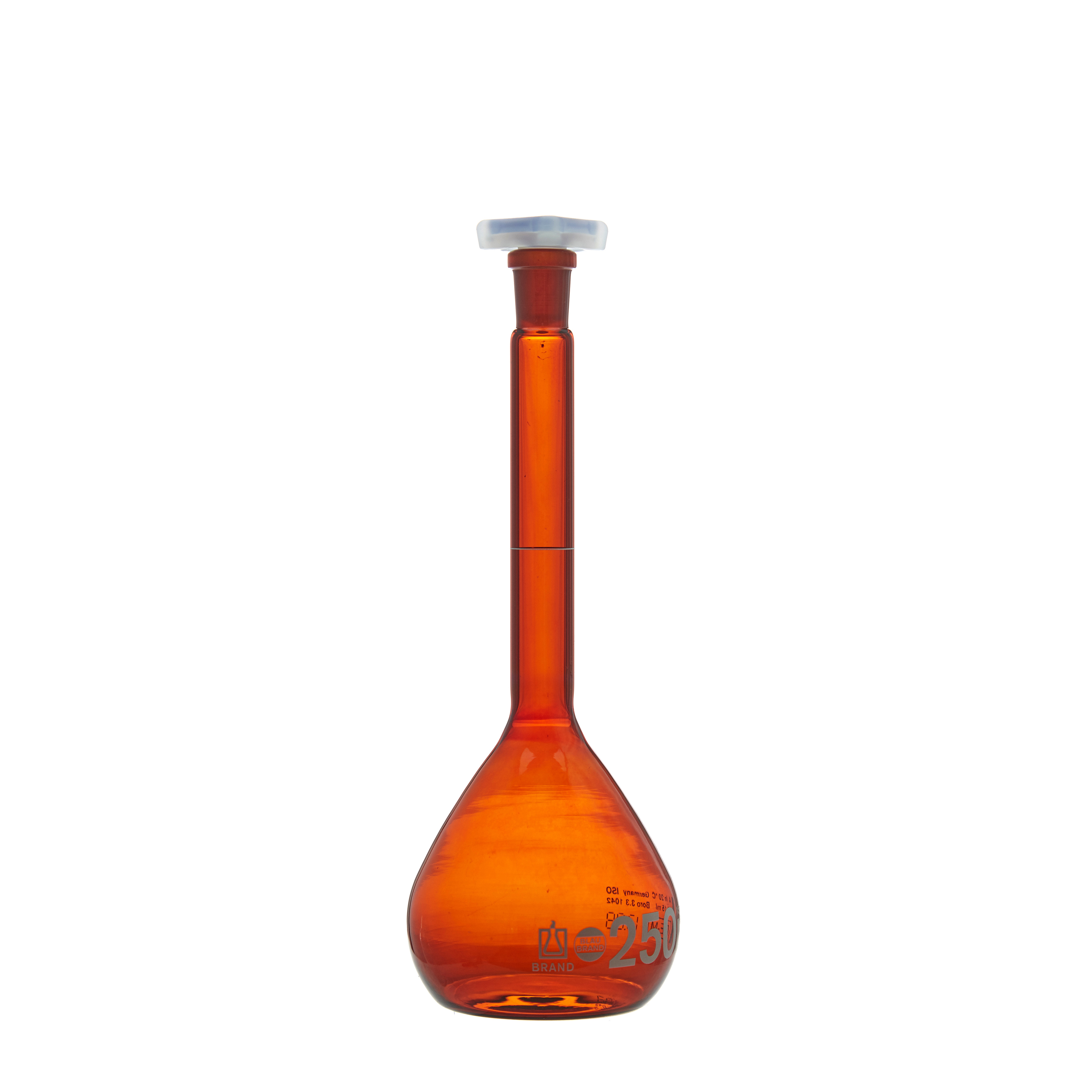 MATRAZ VOLUMÉTRICO DE 250ml CLASE A DIN ACTÍNICO. TAPÓN DE PLÁSTICO. BRAND