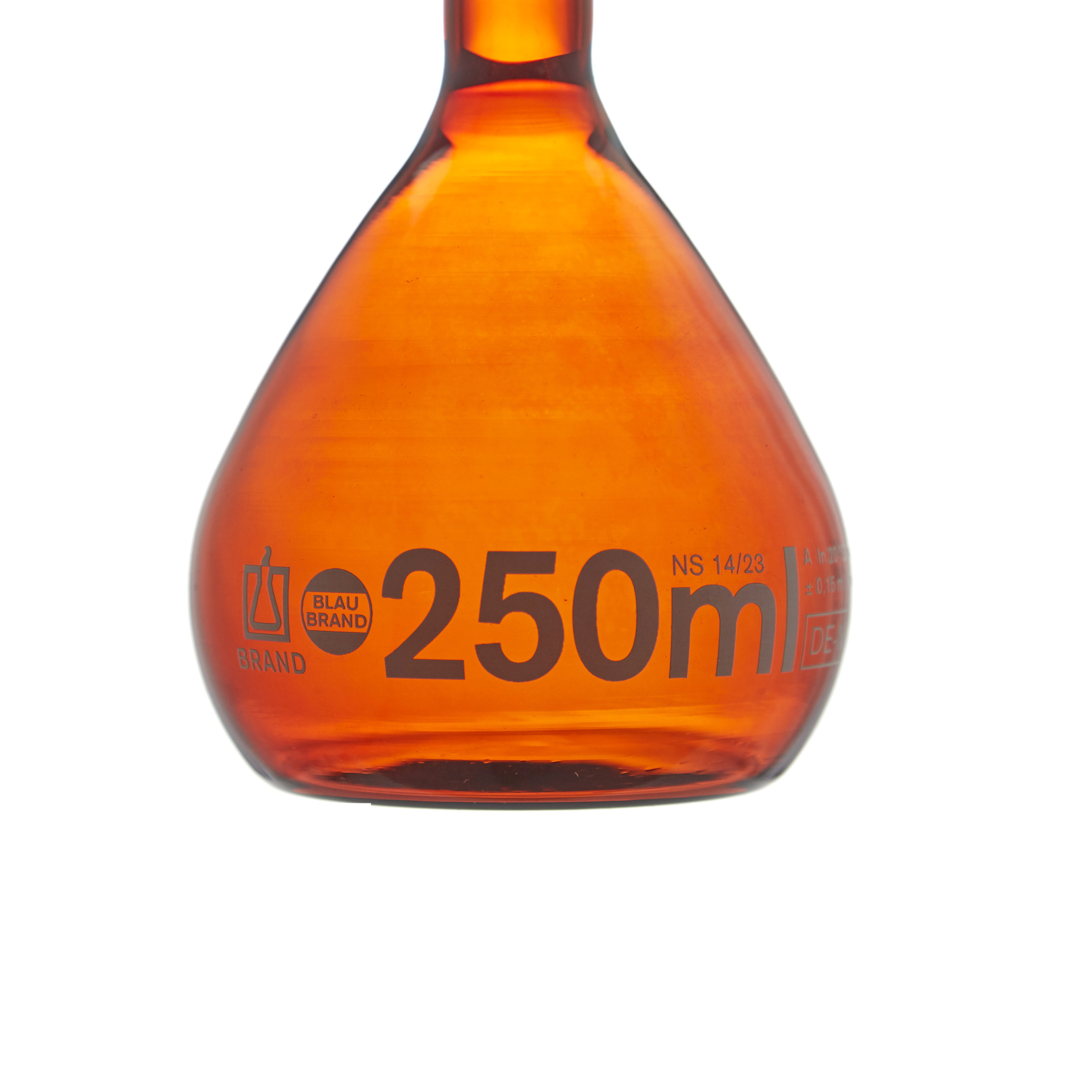 MATRAZ VOLUMÉTRICO DE 250ml CLASE A DIN ACTÍNICO. TAPÓN DE PLÁSTICO. BRAND