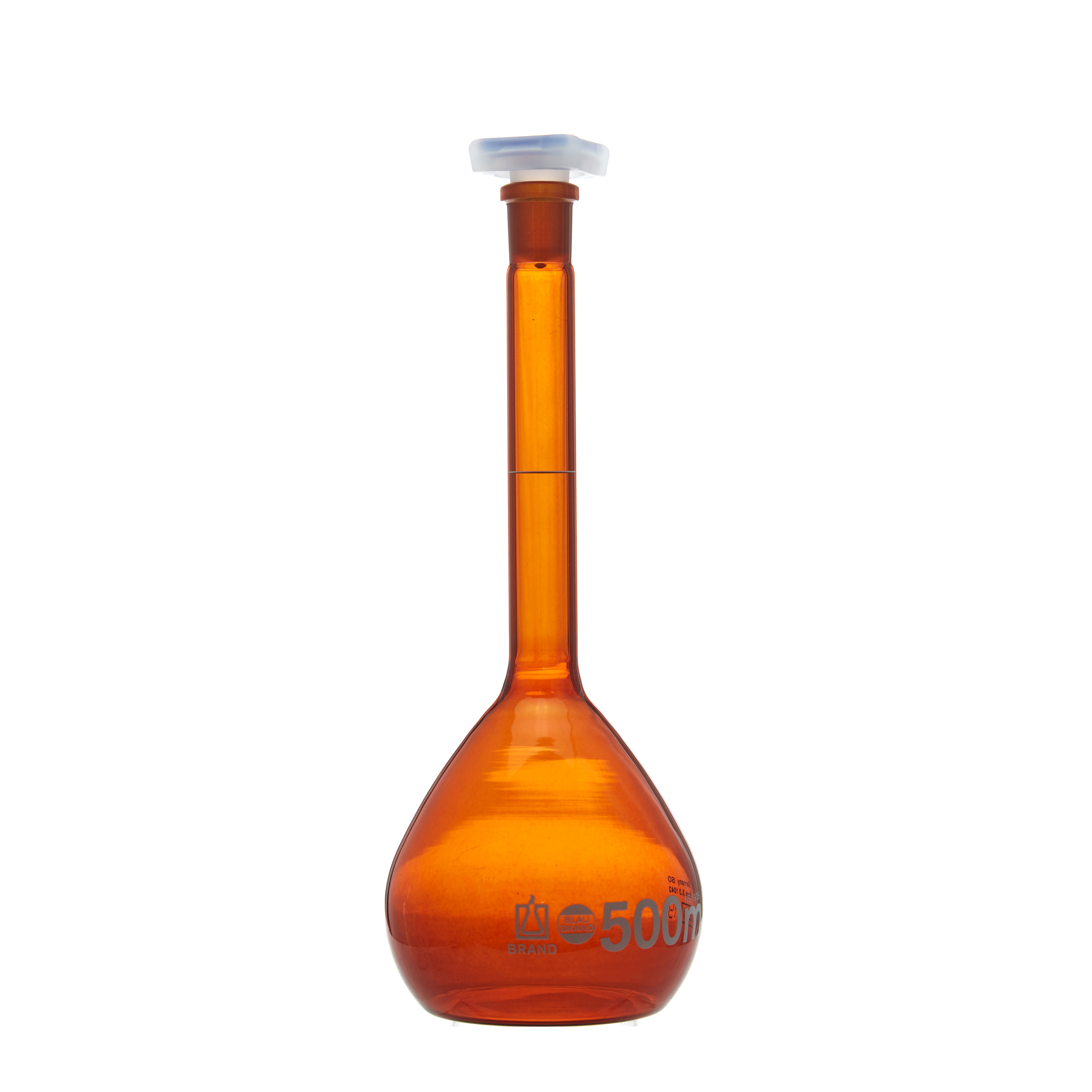 MATRAZ VOLUMÉTRICO DE 500ml CLASE A DIN ACTÍNICO. TAPÓN DE PLÁSTICO. BRAND