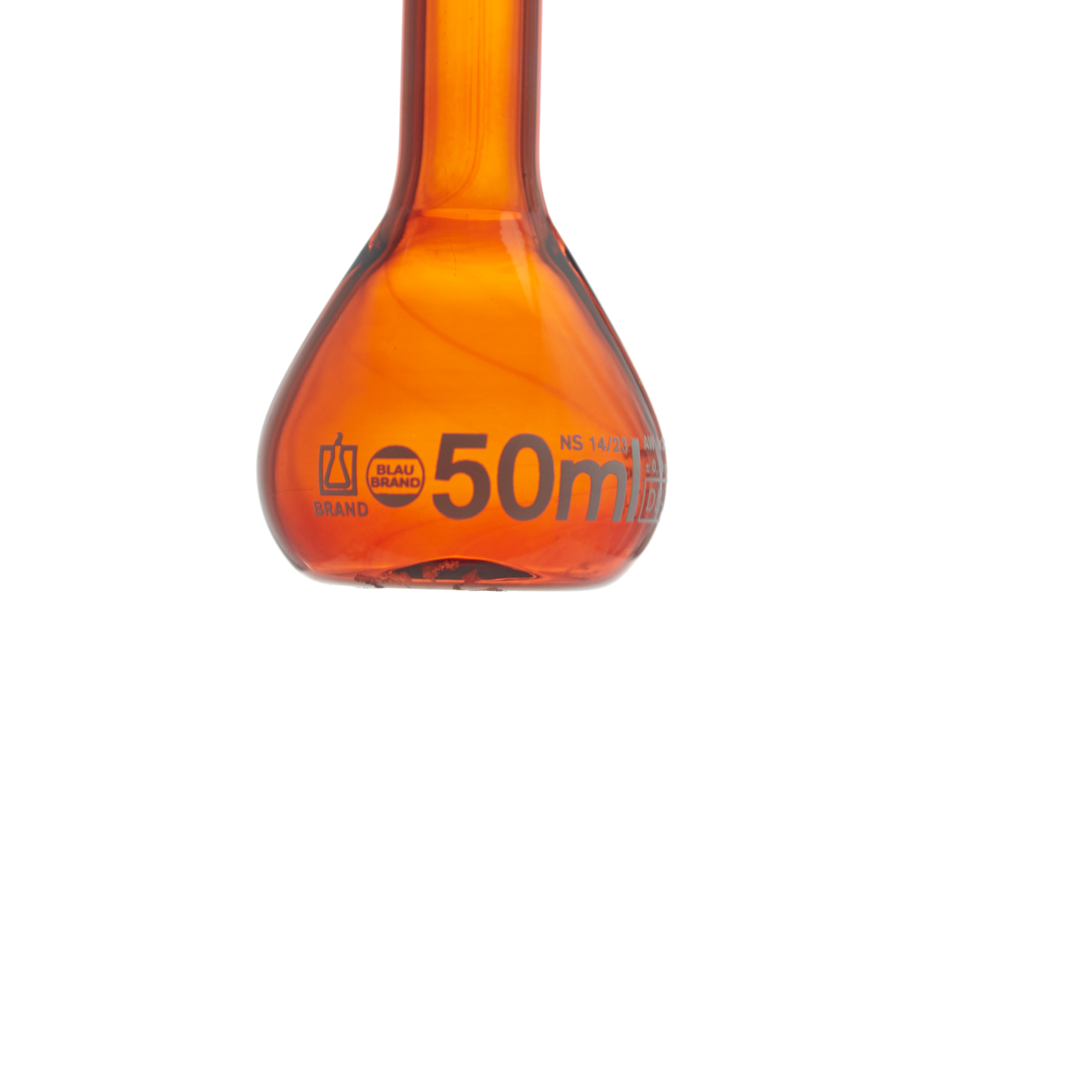 MATRAZ VOLUMÉTRICO DE 50ml CLASE A DIN ACTÍNICO. CUELLO ANCHO. TAPÓN DE VIDRIO. BRAND