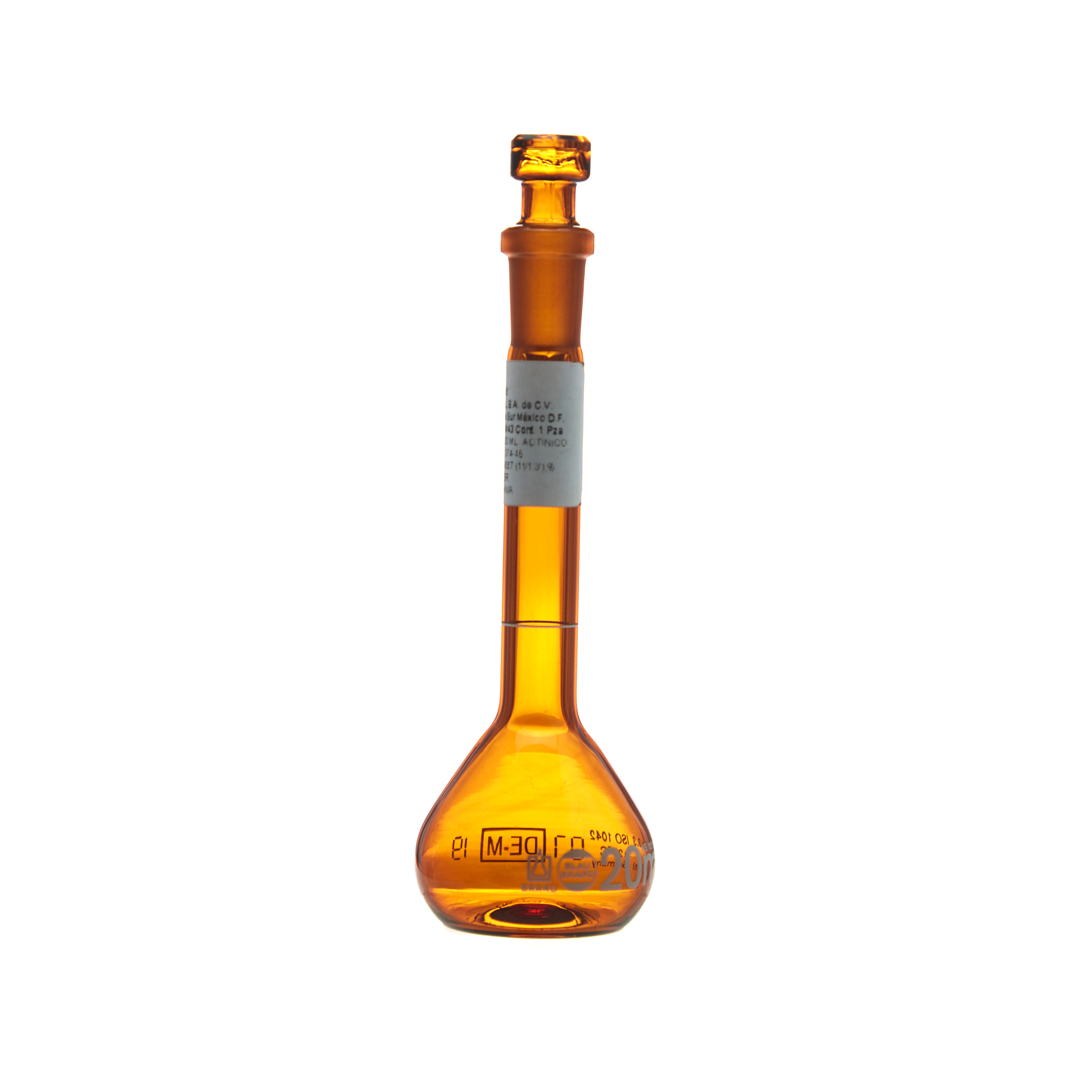 MATRAZ VOLUMÉTRICO DE 20ml CLASE A DIN ACTÍNICO. TAPÓN DE VIDRIO. BRAND