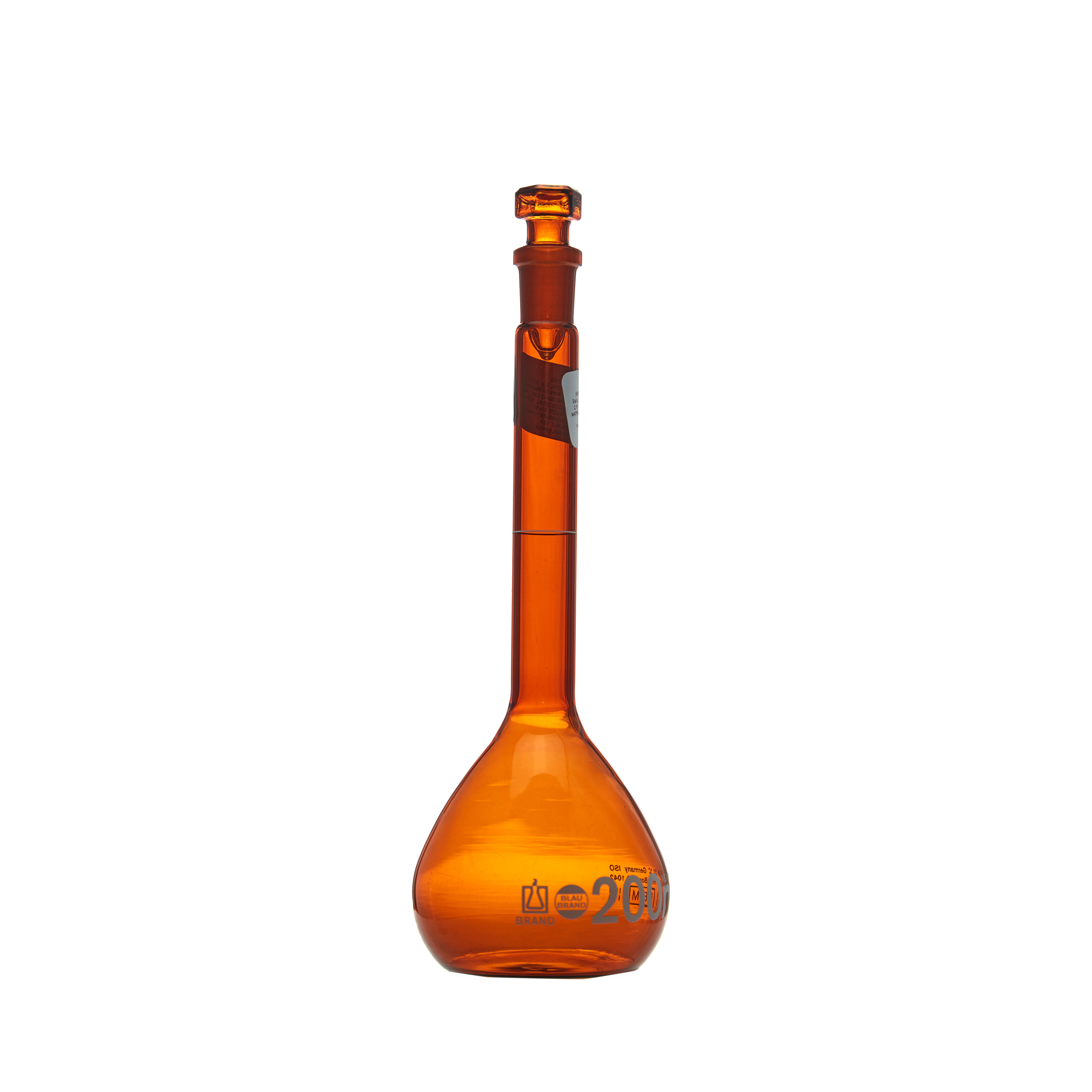 MATRAZ VOLUMÉTRICO DE 200ml CLASE A DIN ACTÍNICO. TAPÓN DE VIDRIO. BRAND
