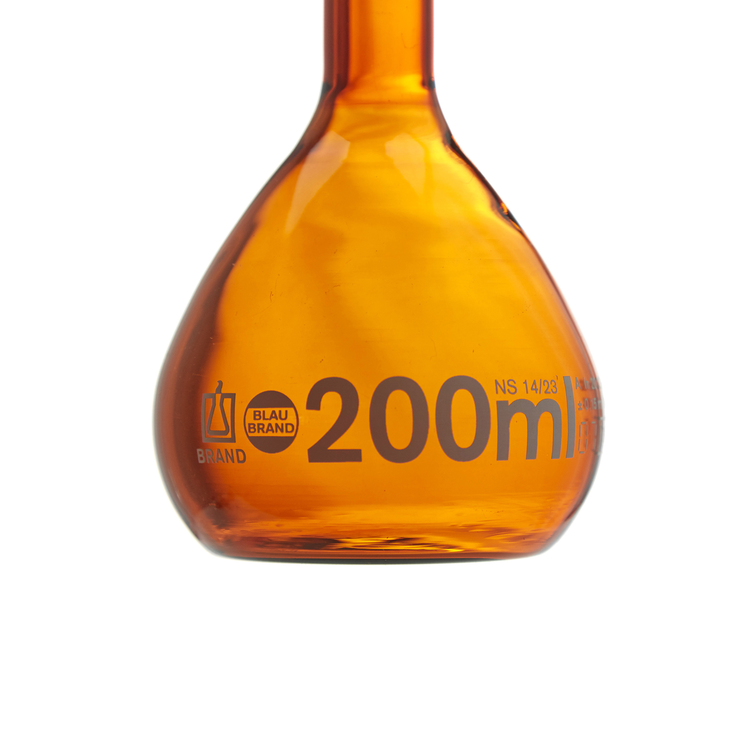 MATRAZ VOLUMÉTRICO DE 200ml CLASE A DIN ACTÍNICO. TAPÓN DE VIDRIO. BRAND