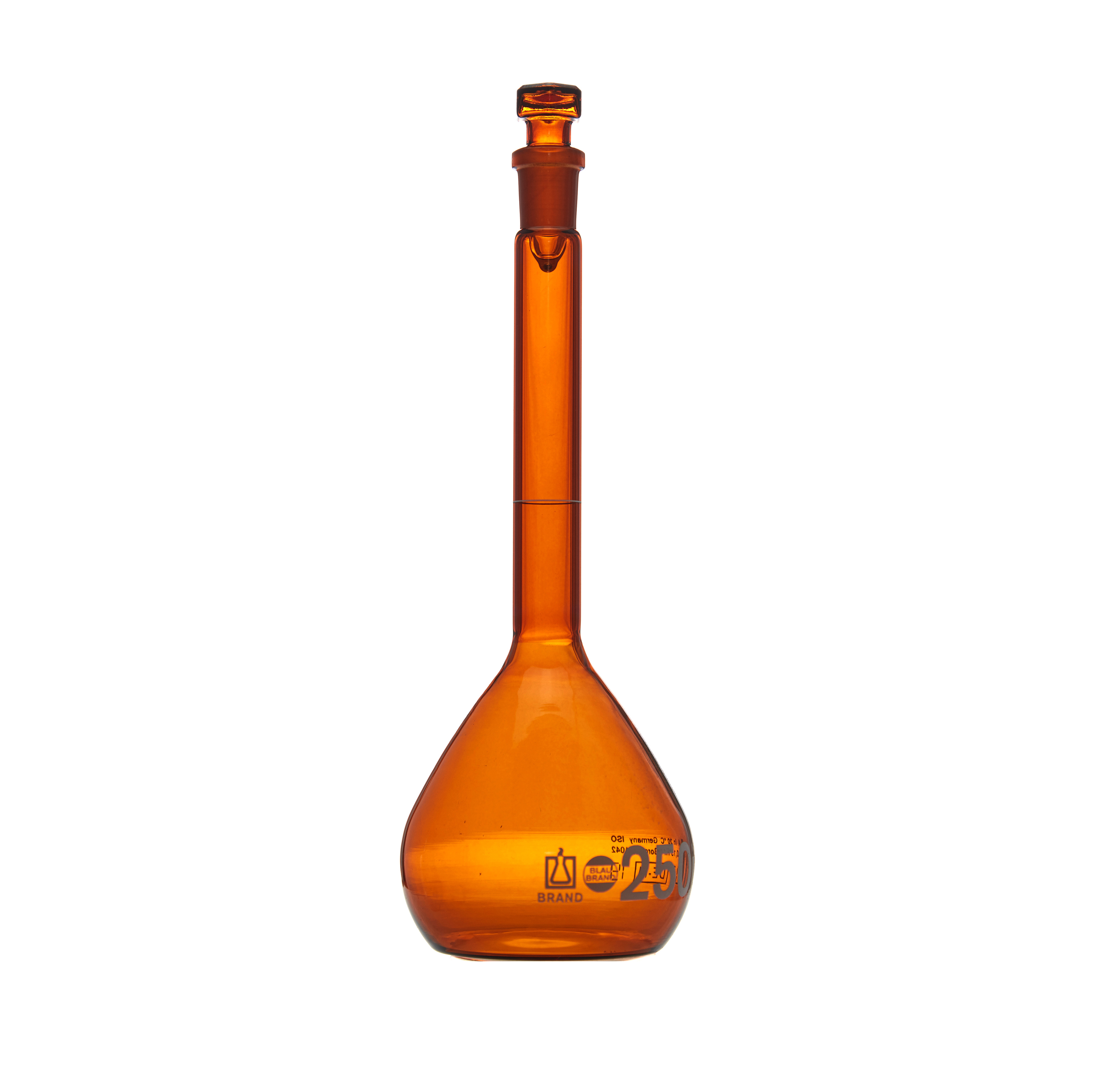 MATRAZ VOLUMÉTRICO DE 250ml CLASE A DIN ACTÍNICO. TAPÓN DE VIDRIO. BRAND
