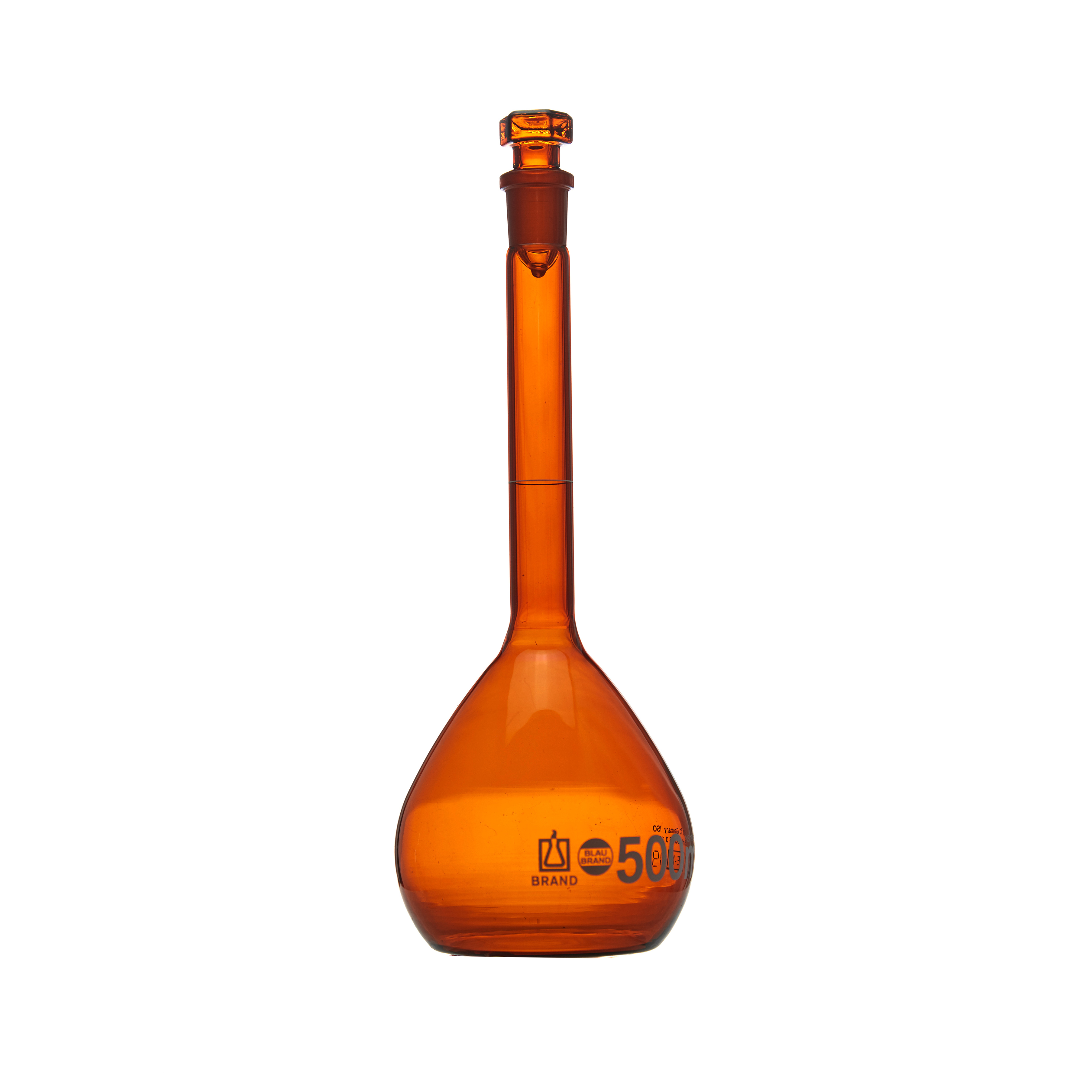 MATRAZ VOLUMÉTRICO DE 500ml CLASE A DIN ACTÍNICO. TAPÓN DE VIDRIO. BRAND
