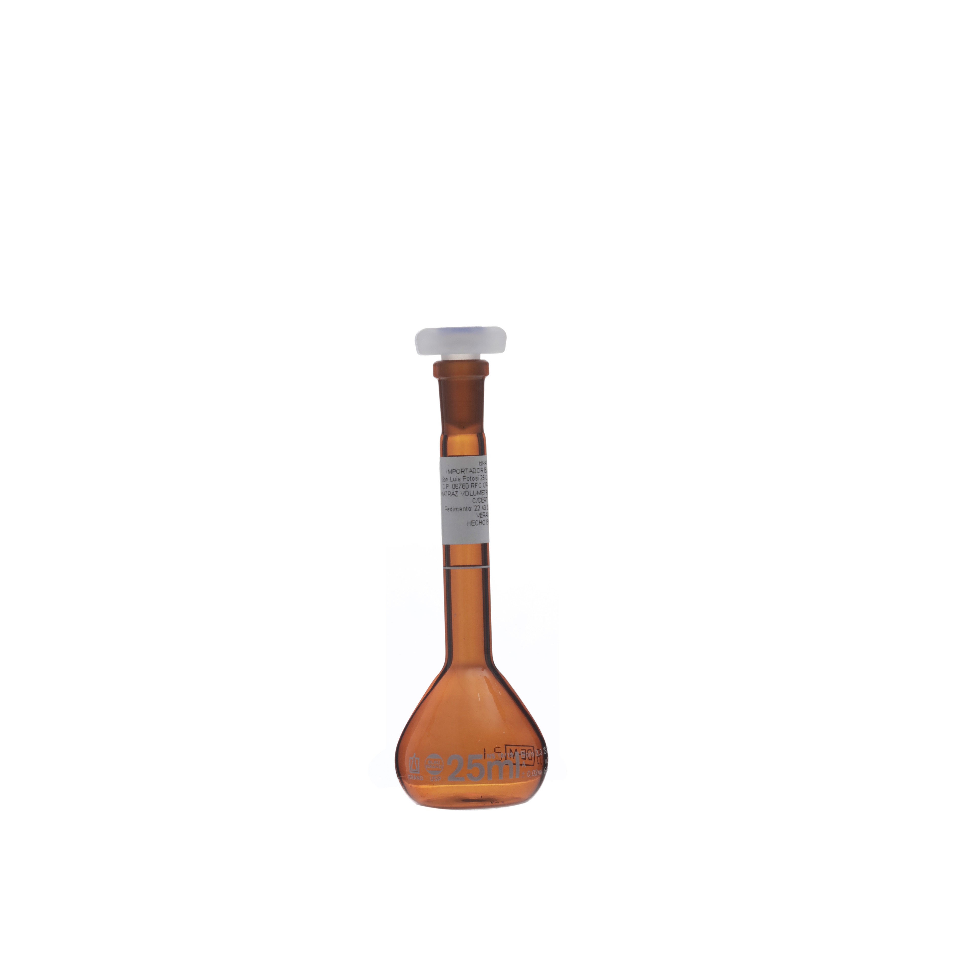 MATRAZ VOLUMÉTRICO DE 25ml USP ACTÍNICO. TAPÓN DE PLÁSTICO. BRAND