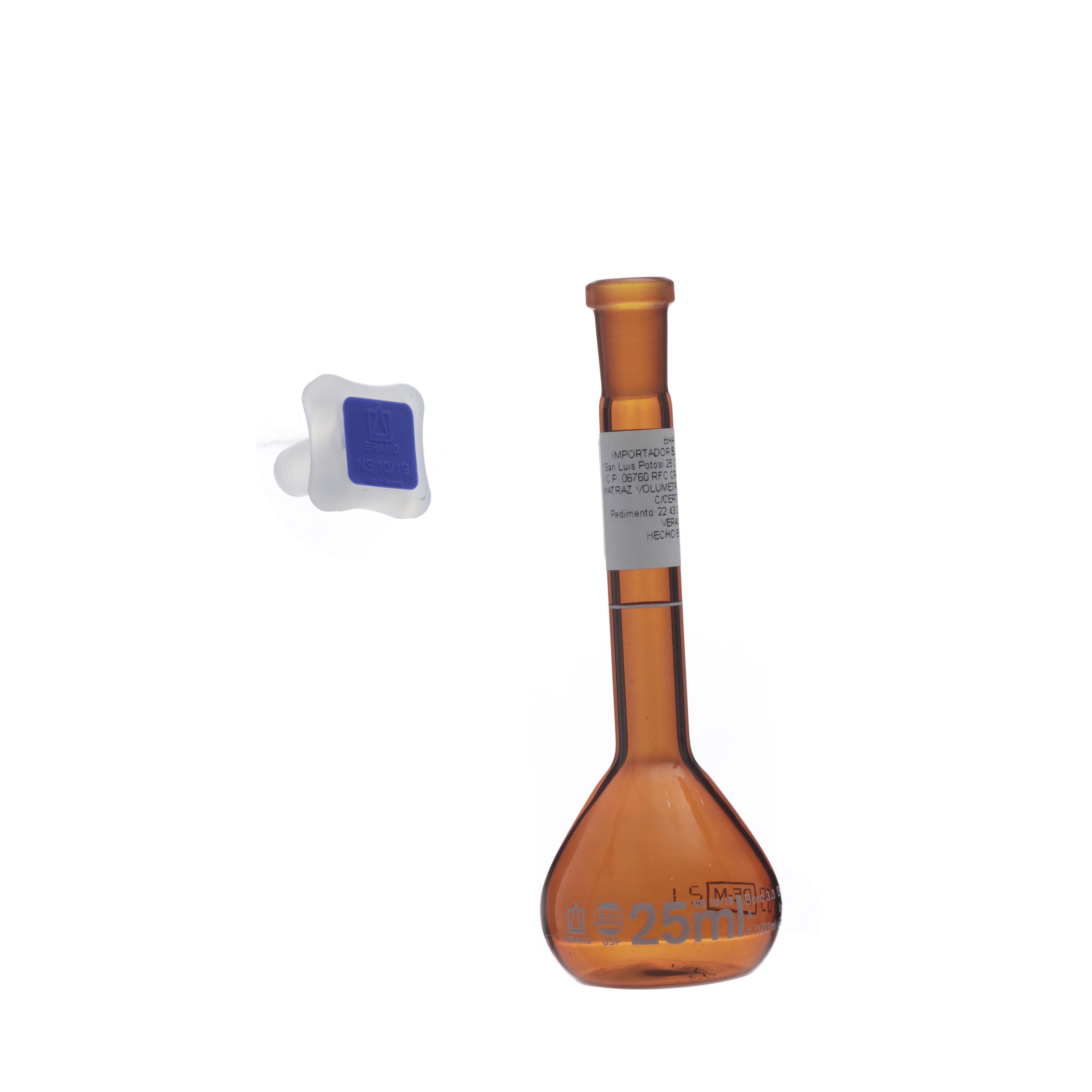 MATRAZ VOLUMÉTRICO DE 25ml USP ACTÍNICO. TAPÓN DE PLÁSTICO. BRAND