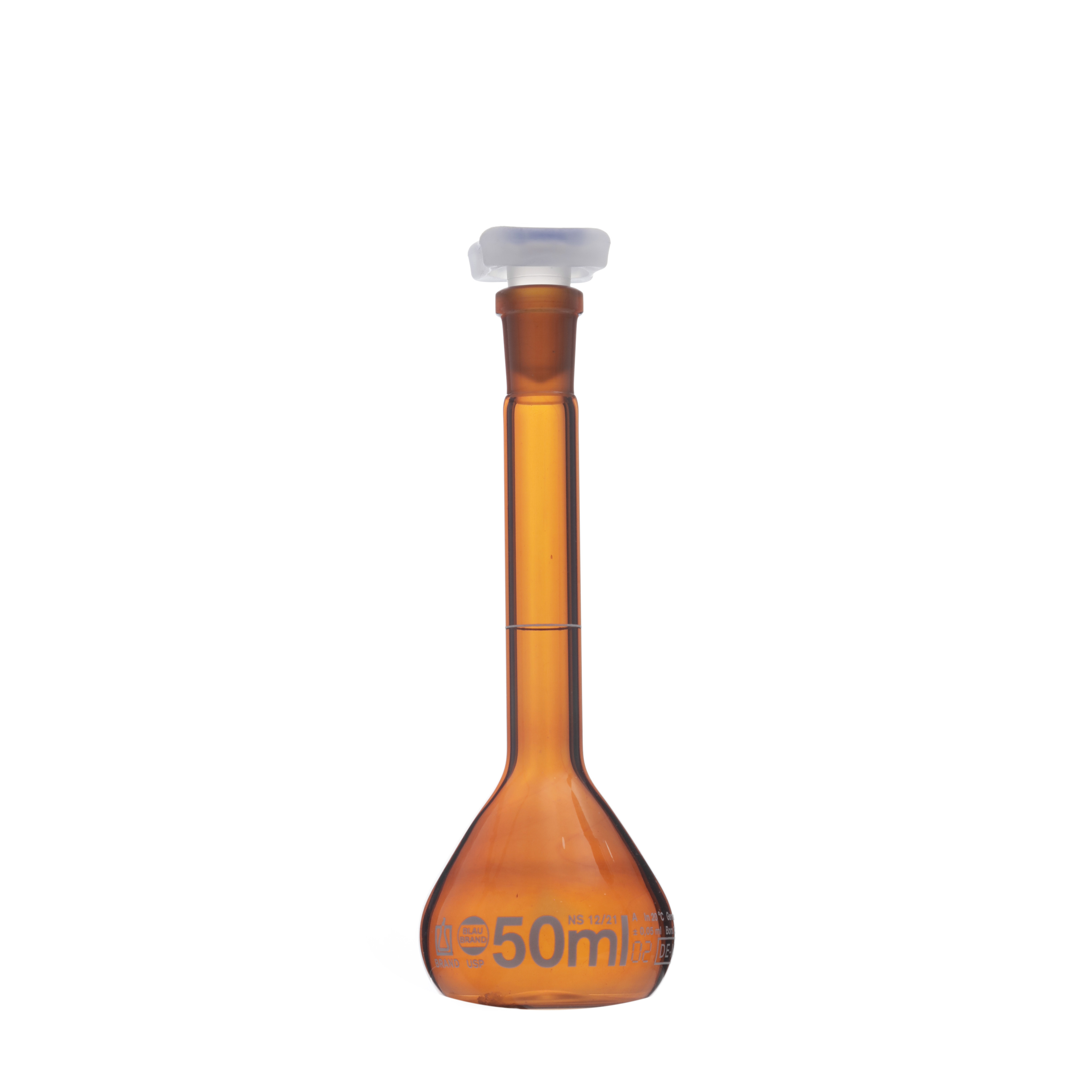 MATRAZ VOLUMÉTRICO DE 50ml USP ACTÍNICO. TAPÓN DE PLÁSTICO. BRAND