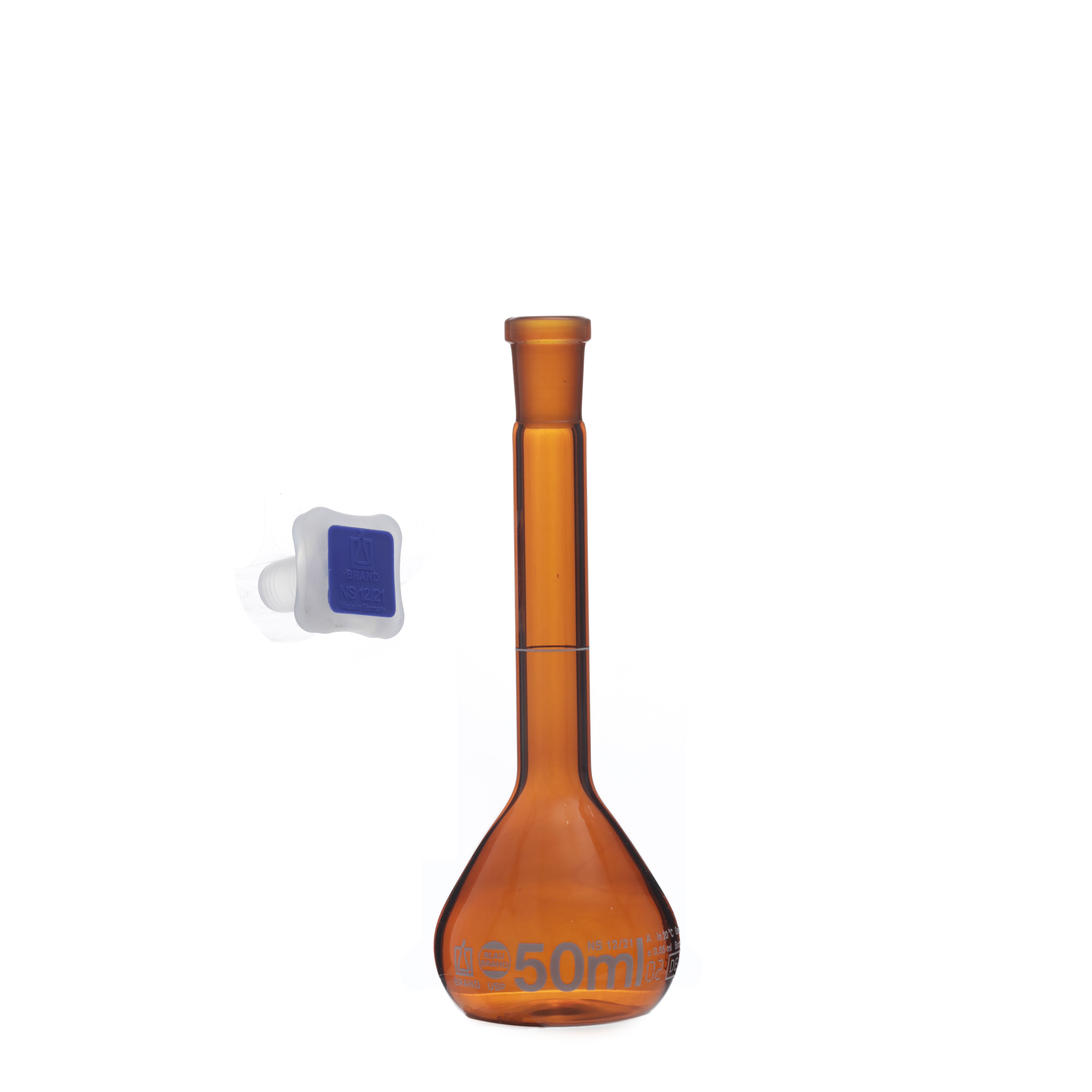 MATRAZ VOLUMÉTRICO DE 50ml USP ACTÍNICO. TAPÓN DE PLÁSTICO. BRAND