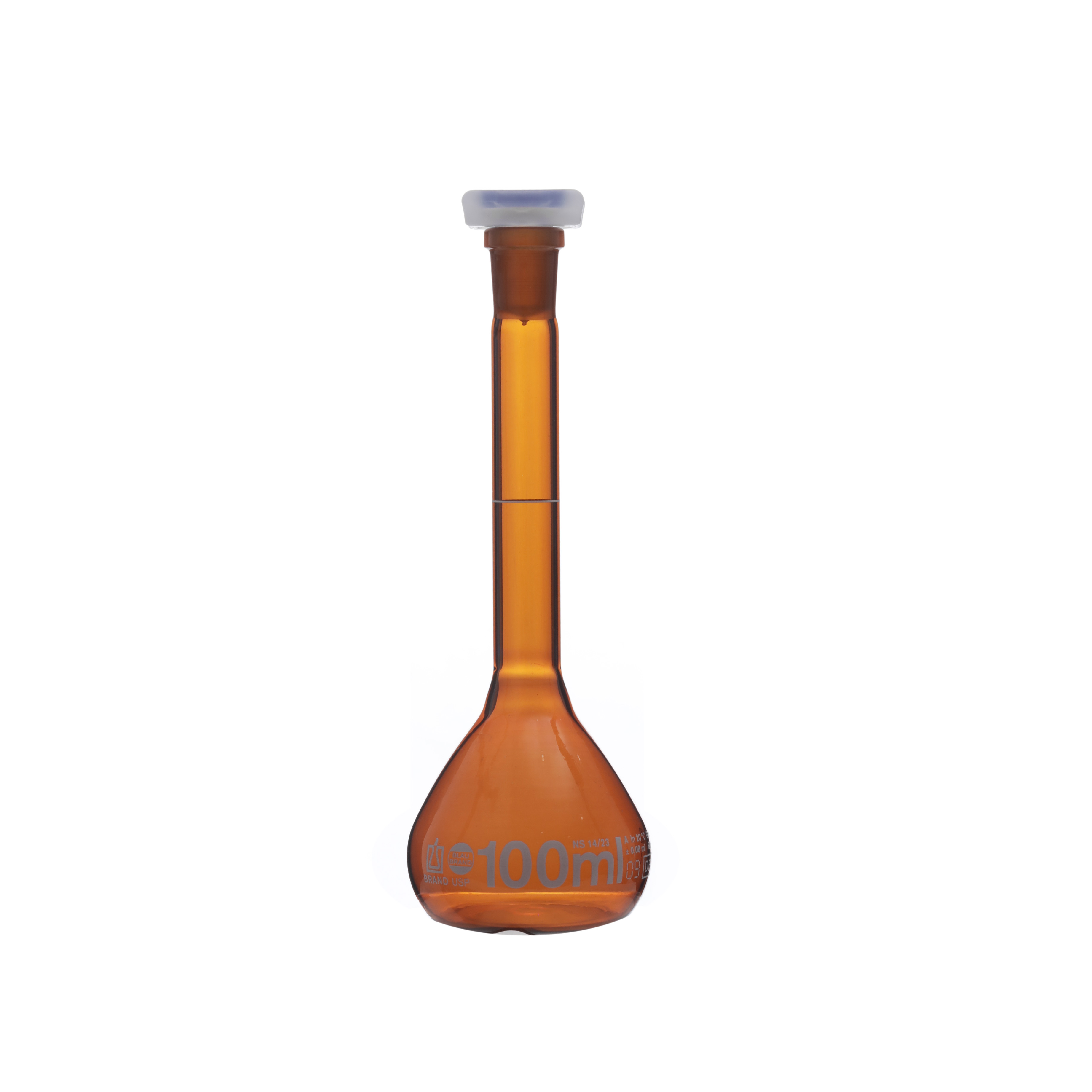 MATRAZ VOLUMÉTRICO DE 100ml USP ACTÍNICO. TAPÓN DE PLÁSTICO. BRAND