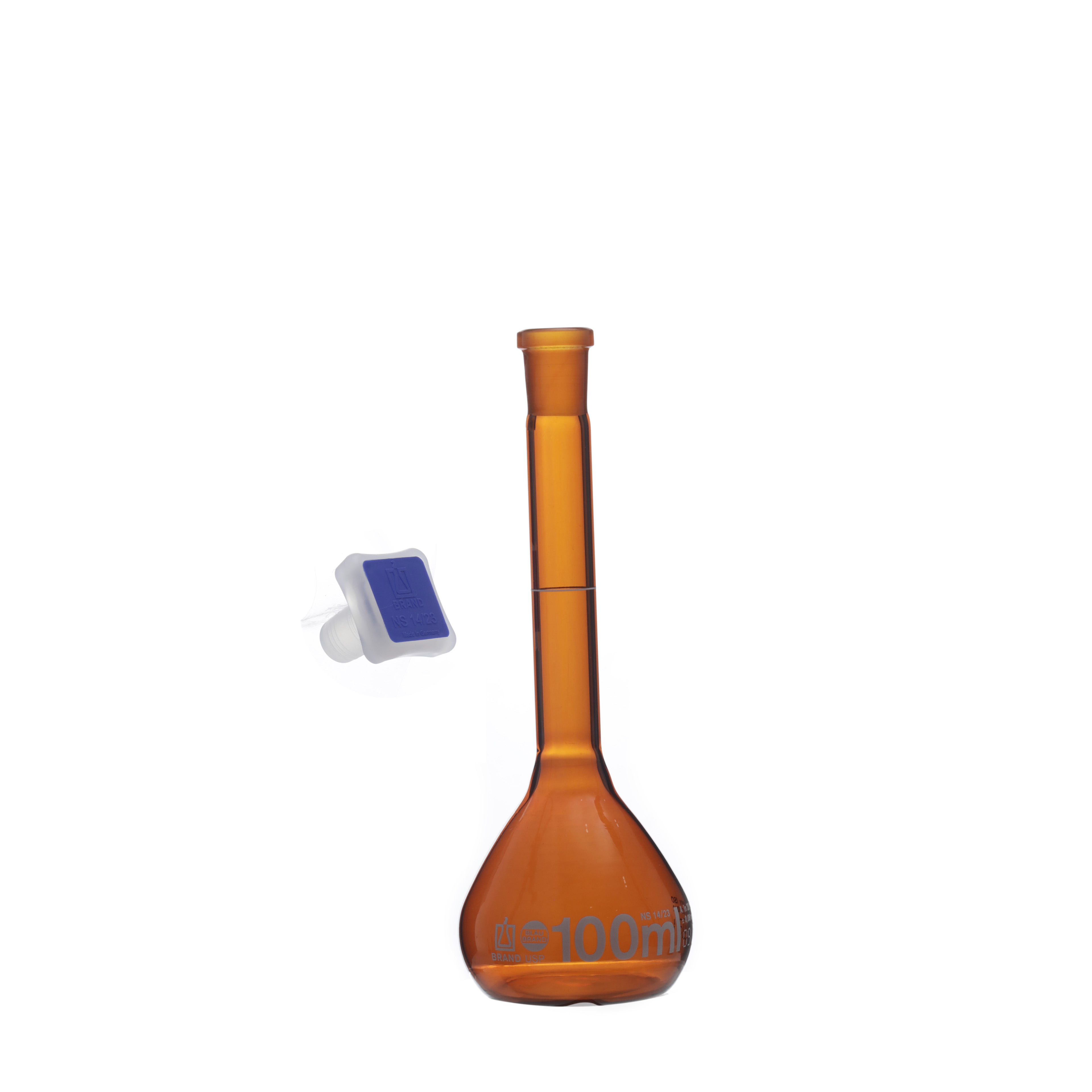 MATRAZ VOLUMÉTRICO DE 100ml USP ACTÍNICO. TAPÓN DE PLÁSTICO. BRAND