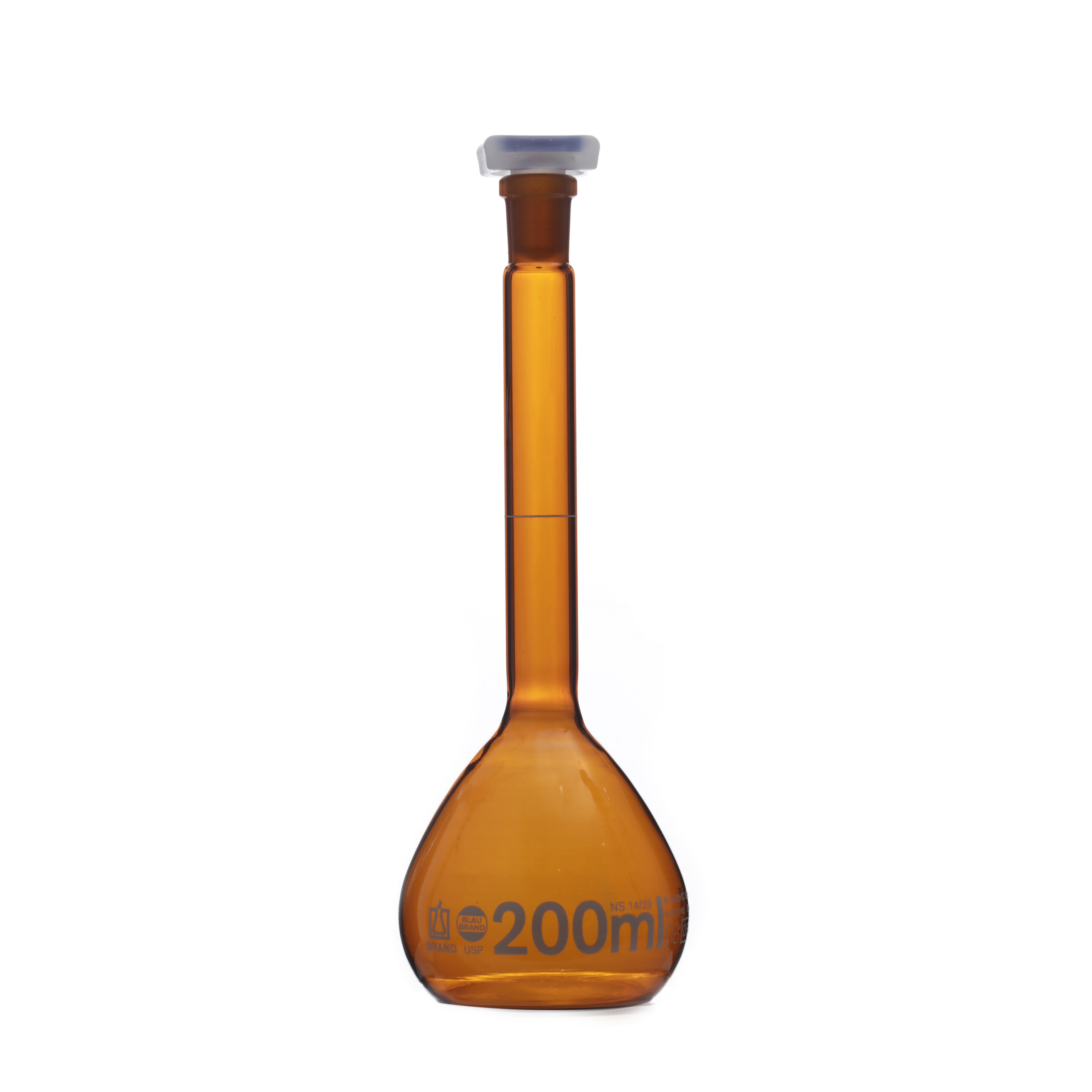 MATRAZ VOLUMÉTRICO DE 200ml USP ACTÍNICO. TAPÓN DE PLÁSTICO. BRAND