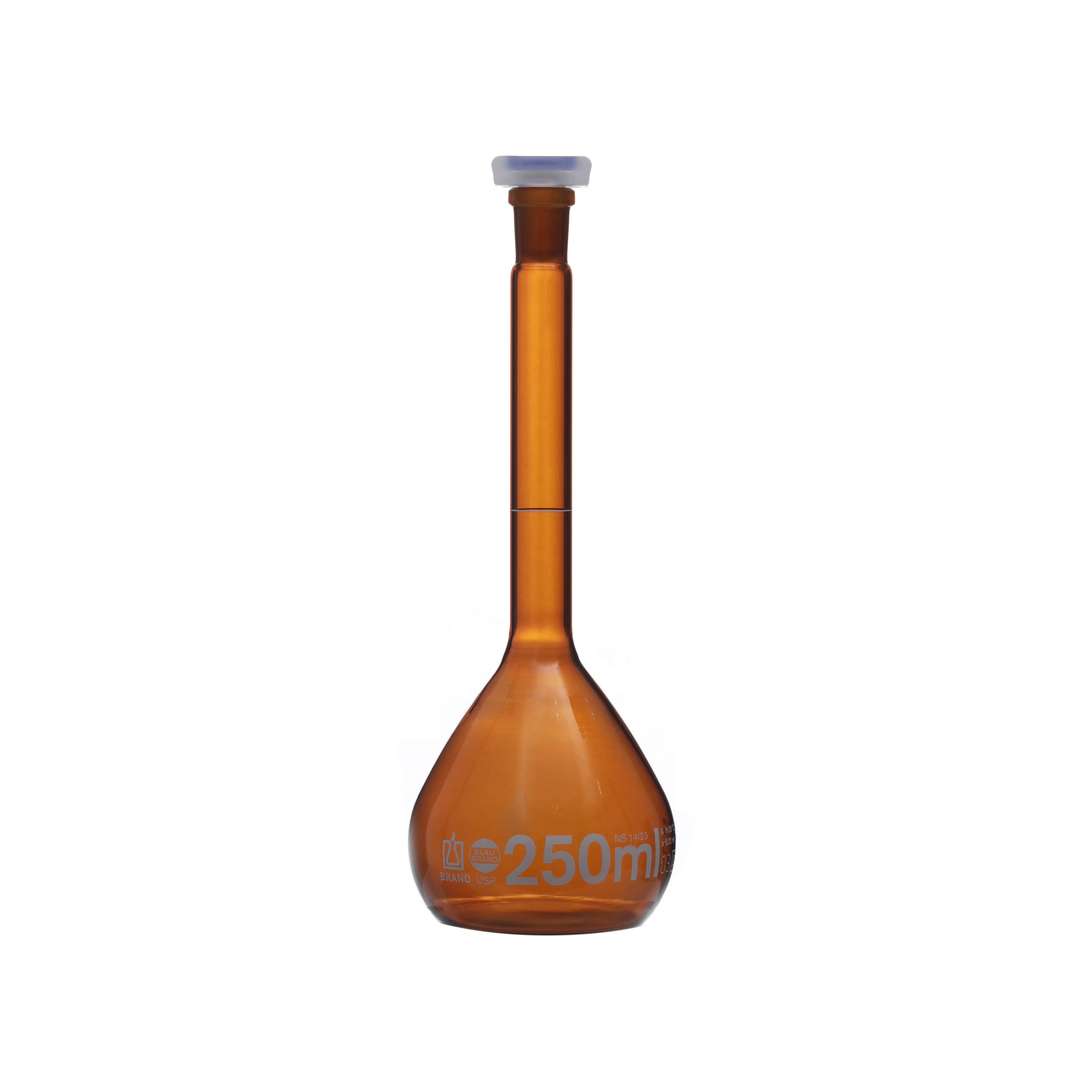 MATRAZ VOLUMÉTRICO DE 250ml USP ACTÍNICO. TAPÓN DE PLÁSTICO. BRAND