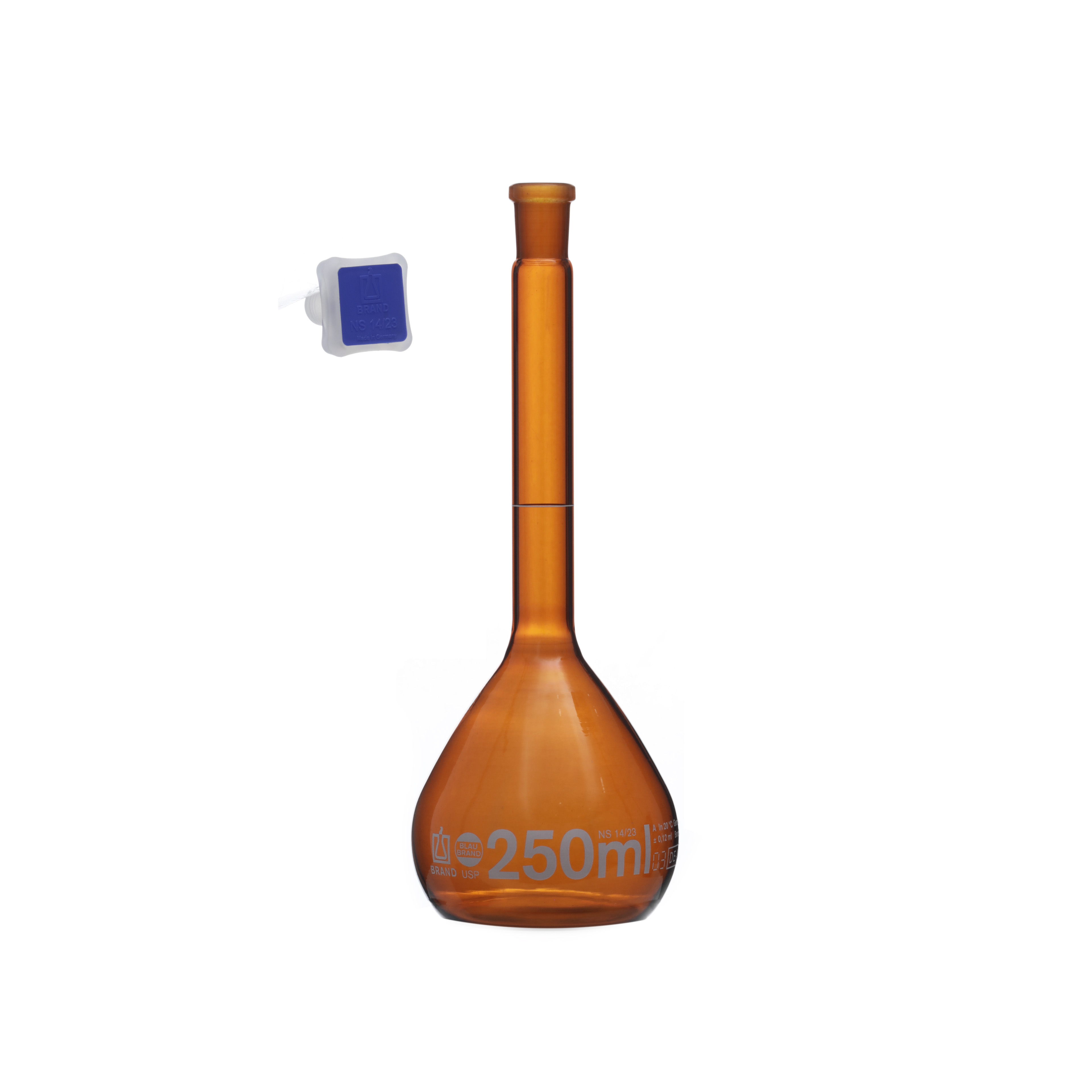 MATRAZ VOLUMÉTRICO DE 250ml USP ACTÍNICO. TAPÓN DE PLÁSTICO. BRAND