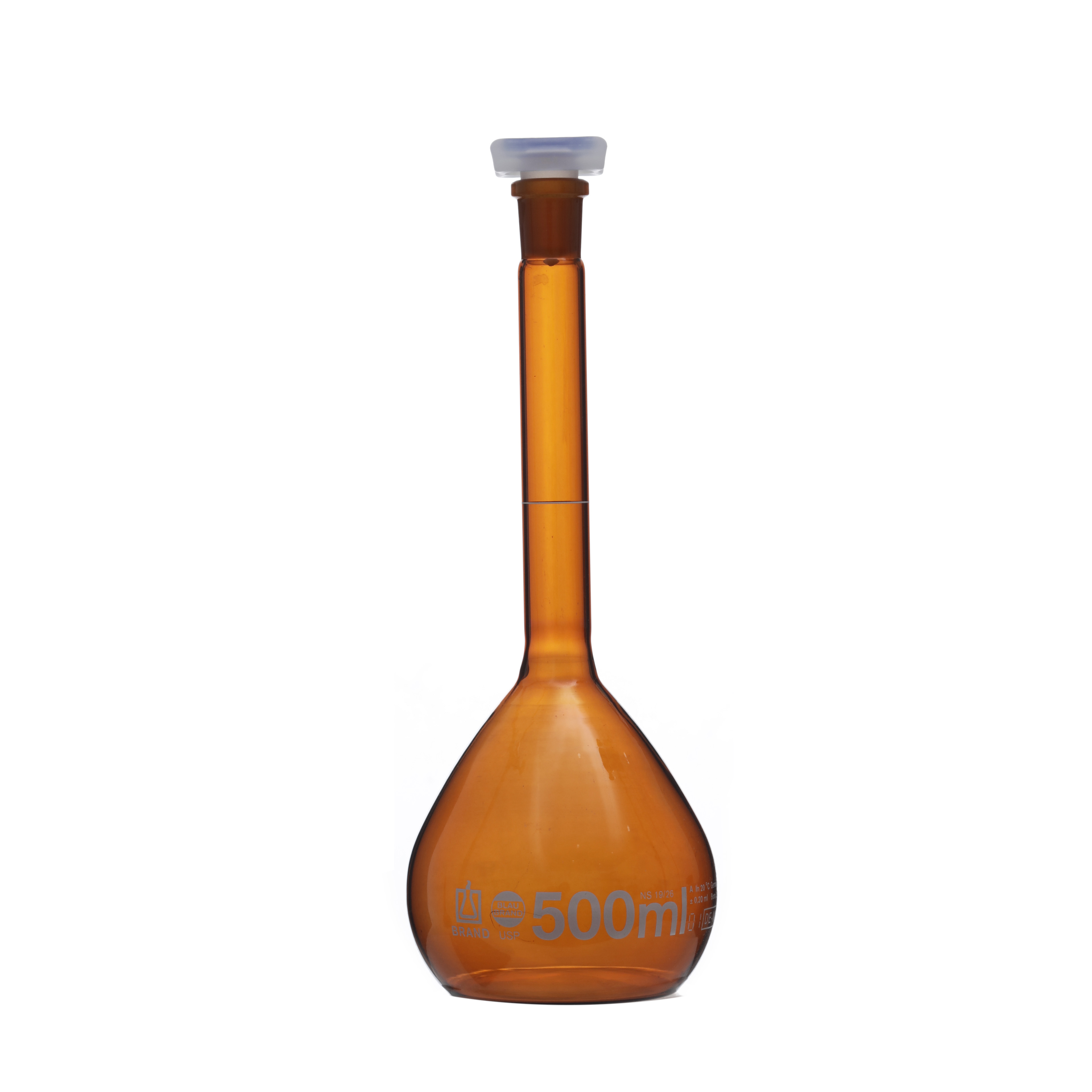 MATRAZ VOLUMÉTRICO DE 500ml USP ACTÍNICO. TAPÓN DE PLÁSTICO. BRAND