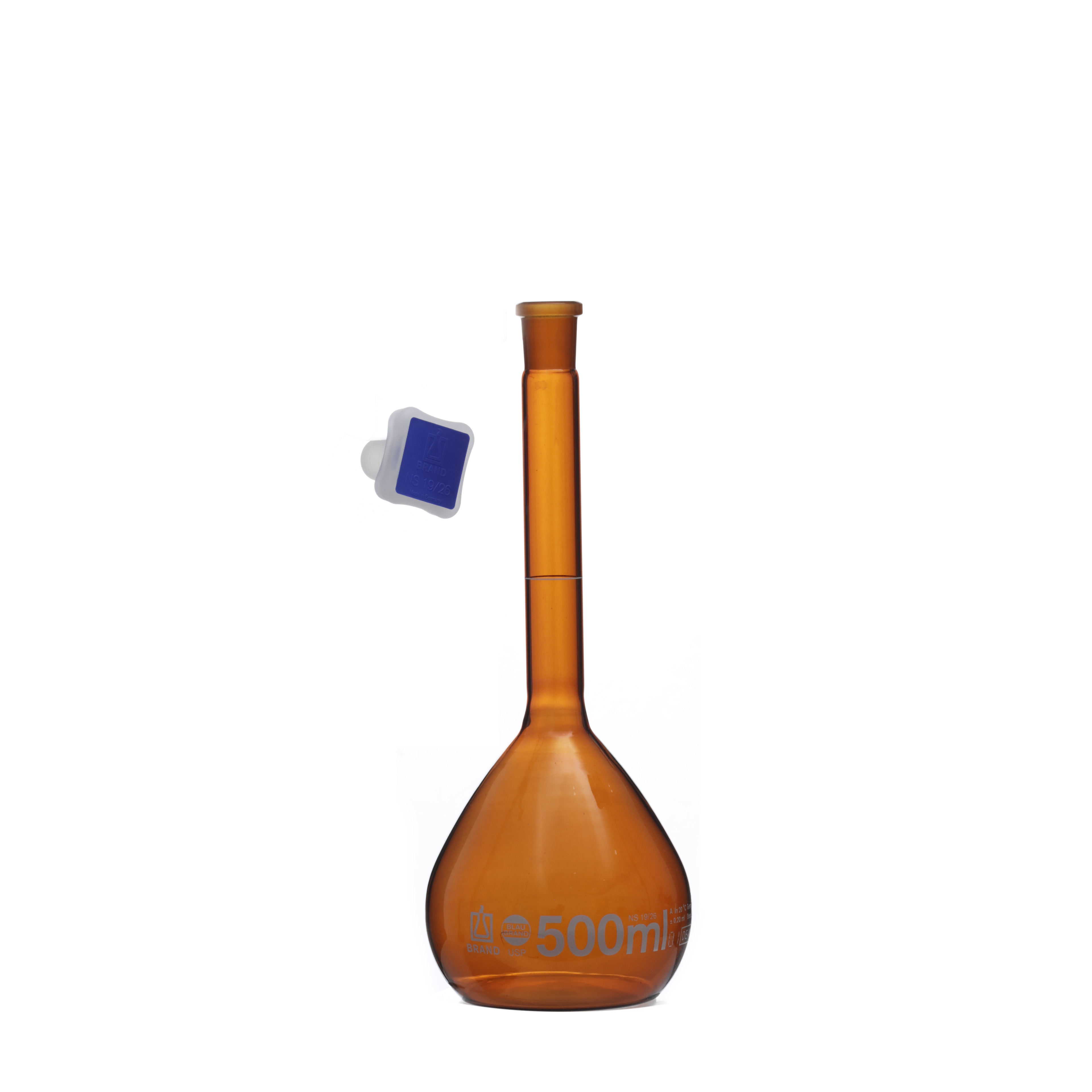MATRAZ VOLUMÉTRICO DE 500ml USP ACTÍNICO. TAPÓN DE PLÁSTICO. BRAND