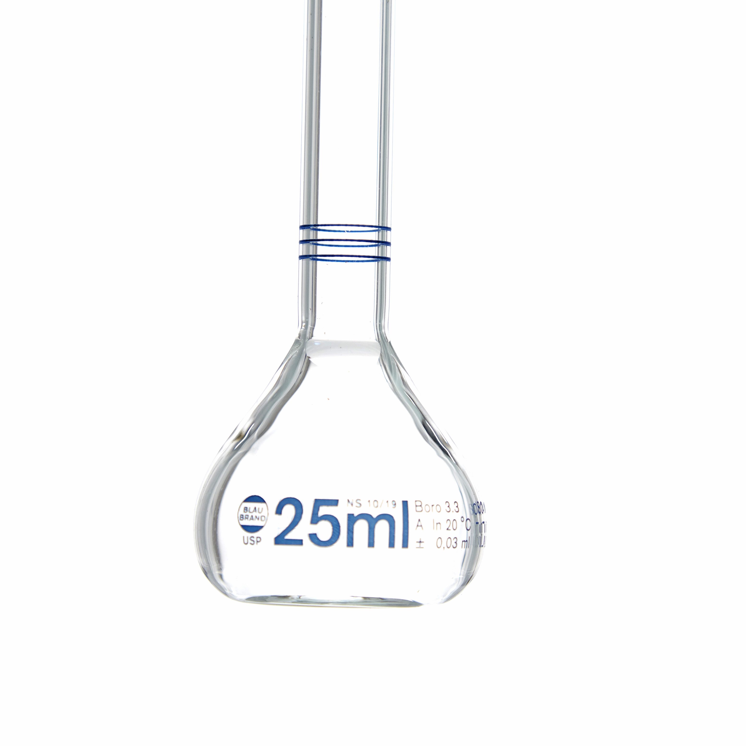 MATRAZ VOLUMÉTRICO DE 25ml CLASE A DIN CON CERTIFICADO. 3 AFOROS. BRAND