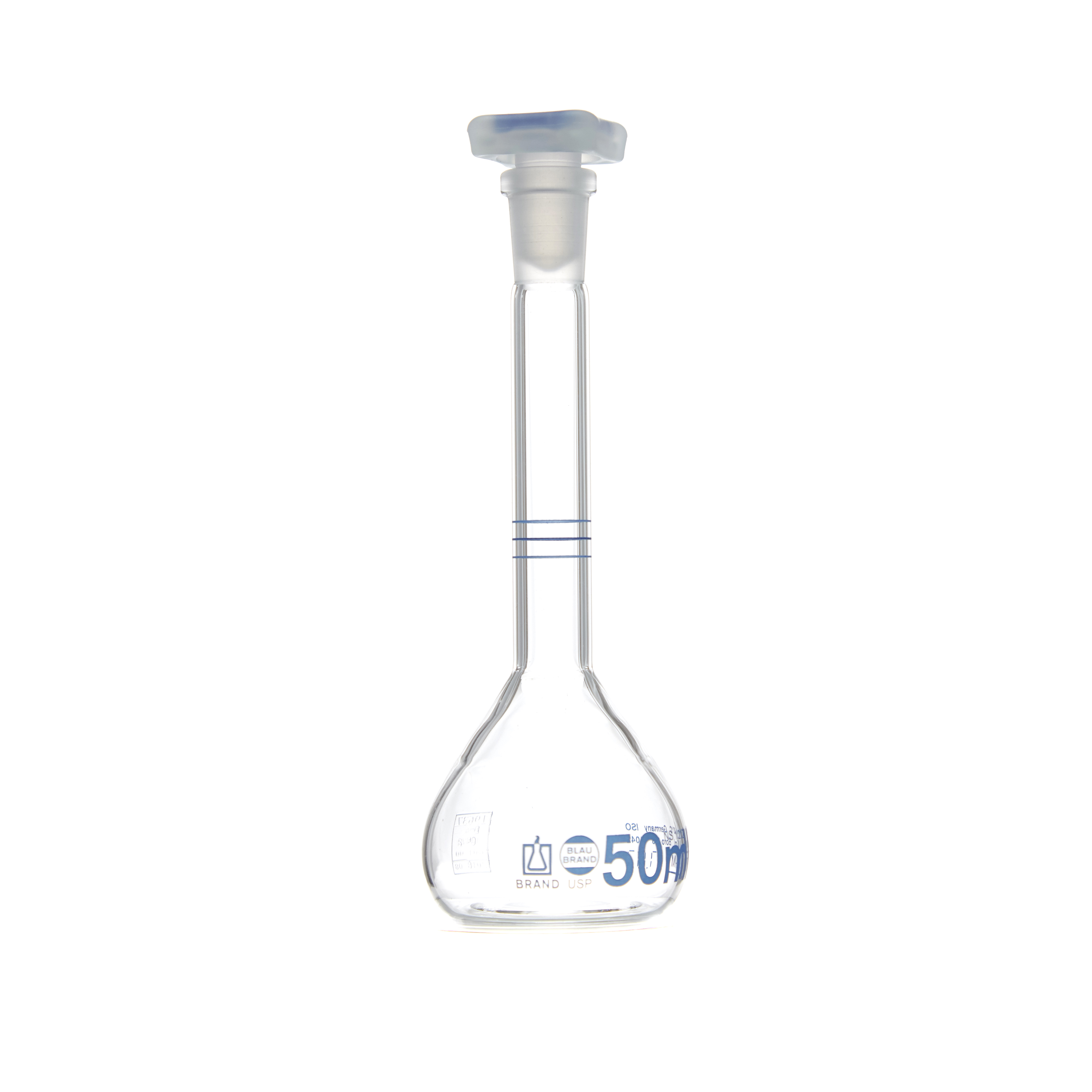 MATRAZ VOLUMÉTRICO DE 50ml CLASE A DIN CON CERTIFICADO. 3 AFOROS. BRAND