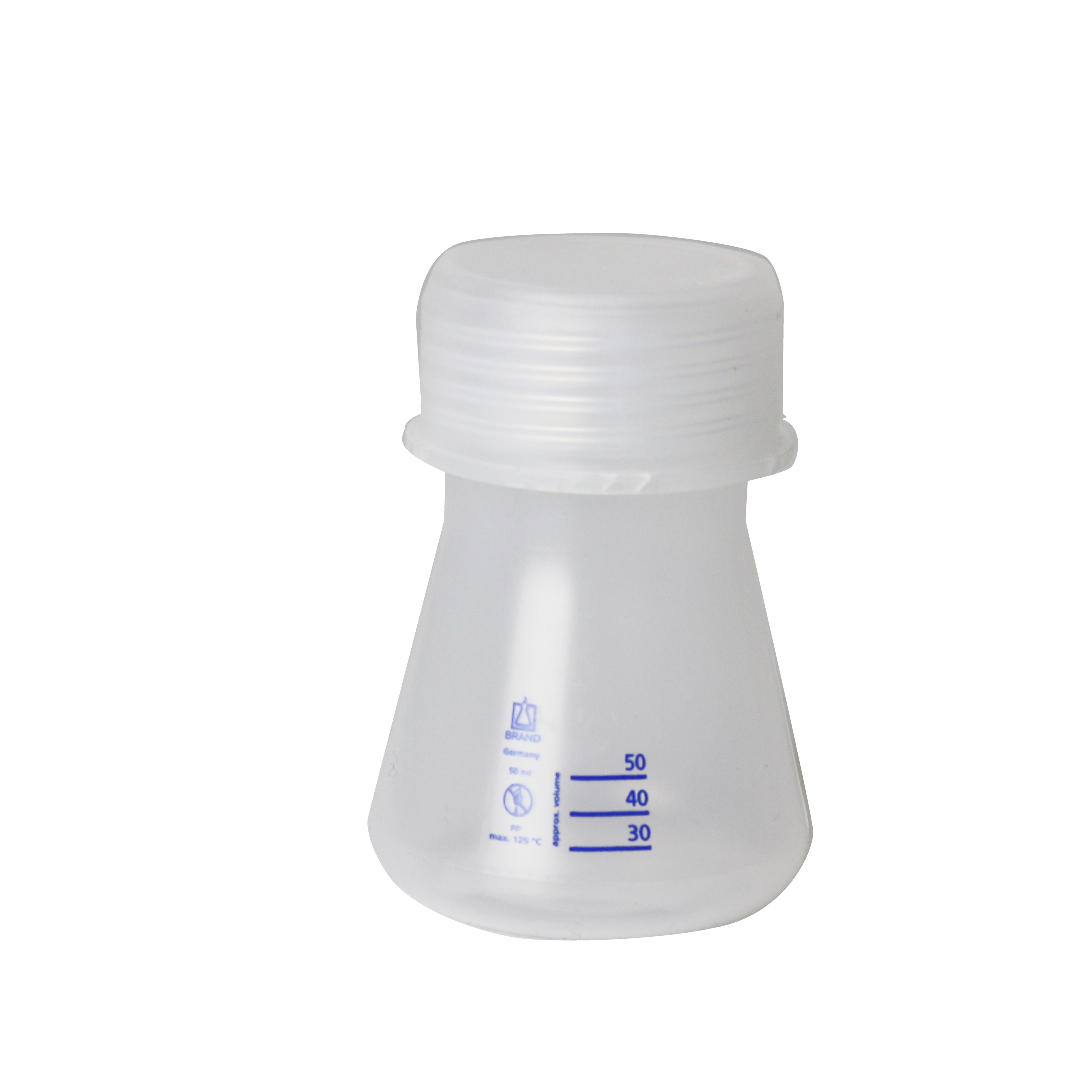 MATRAZ ERLENMEYER DE CUELLO ANCHO DE 50 ml, CON TAPA ROSCADA GL 45. BRAND