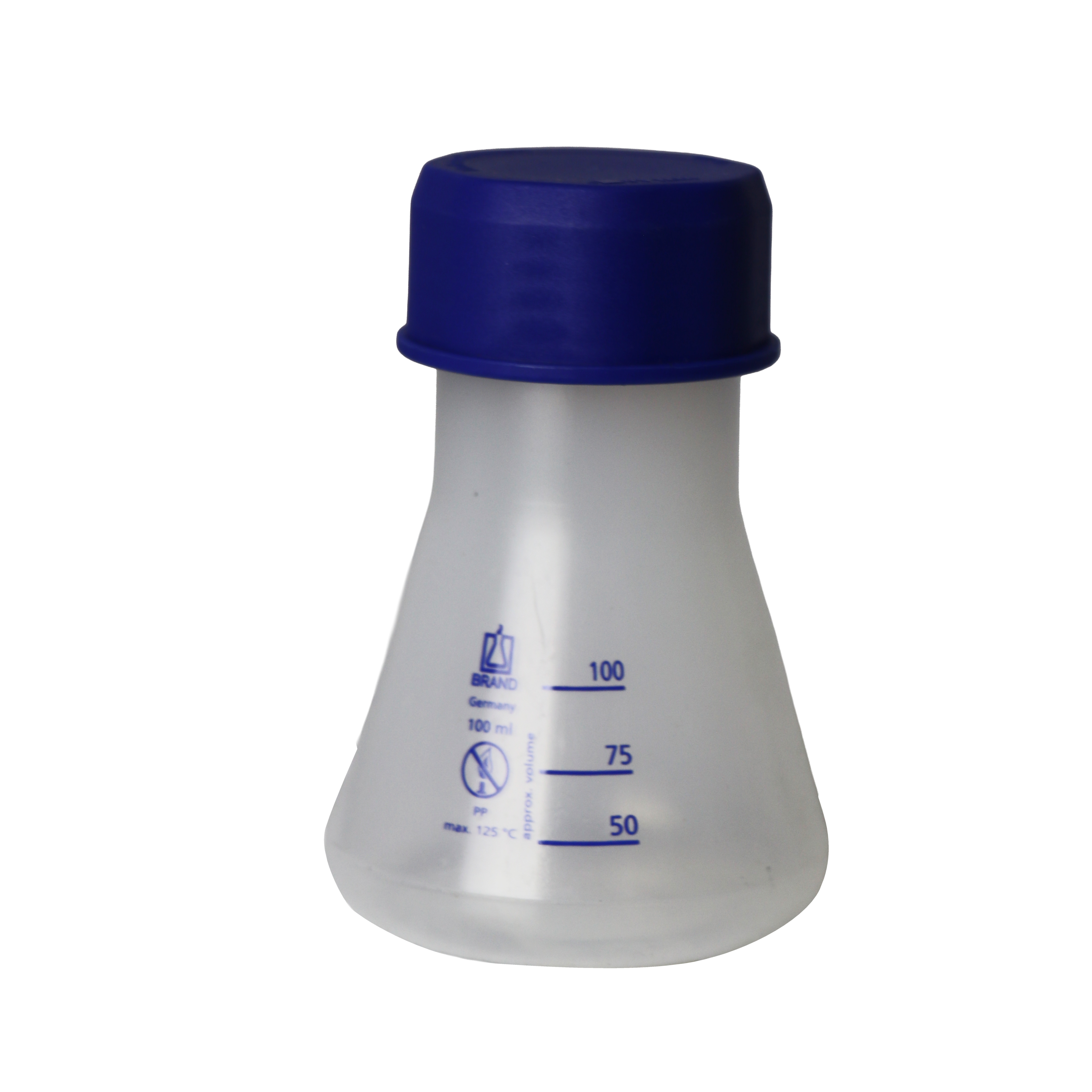 MATRAZ ERLENMEYER DE CUELLO ANCHO DE 100 ml, CON TAPA ROSCADA GL 45. BRAND