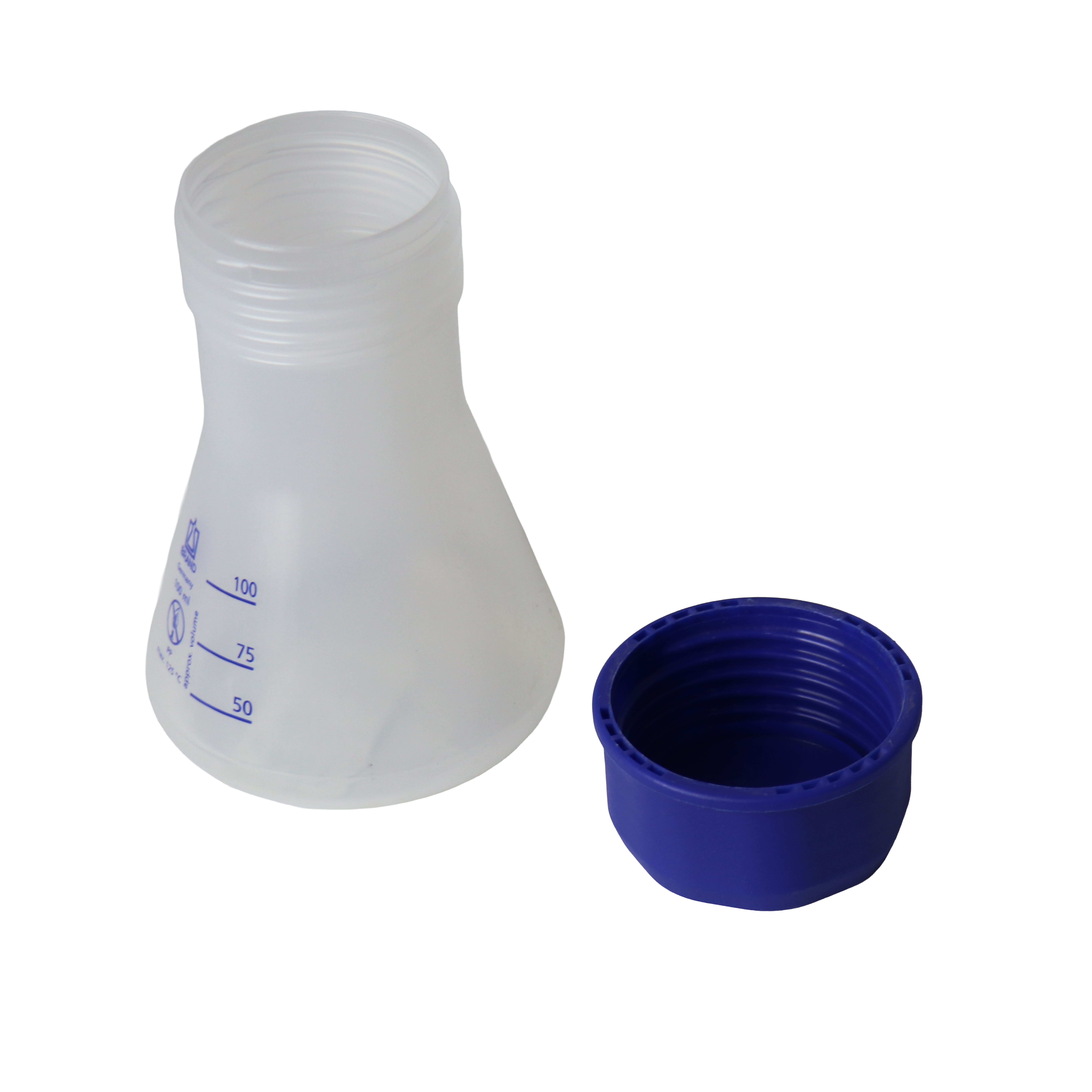 MATRAZ ERLENMEYER DE CUELLO ANCHO DE 100 ml, CON TAPA ROSCADA GL 45. BRAND