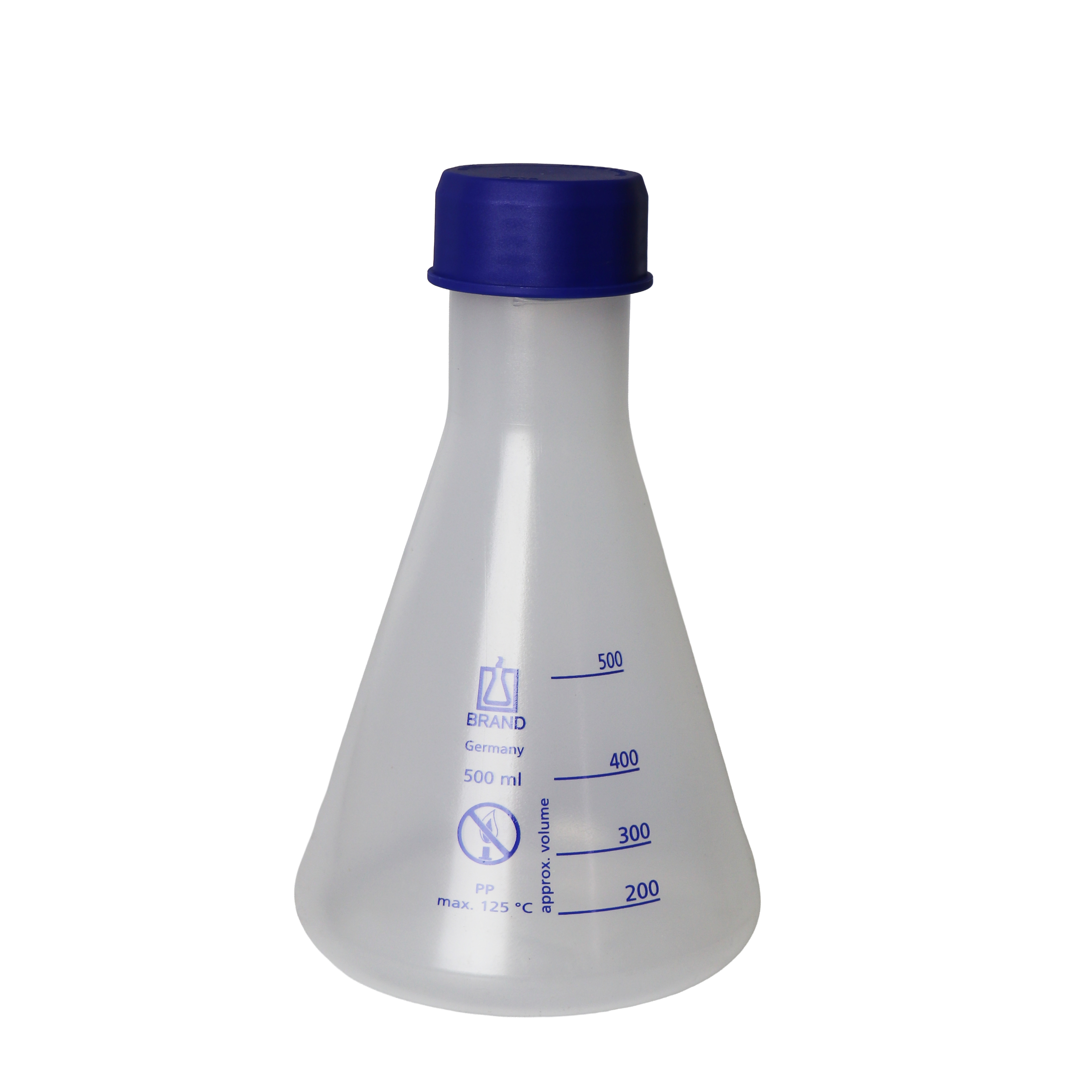 MATRAZ ERLENMEYER DE CUELLO ANCHO DE 500 ml, CON TAPA ROSCADA GL 45. BRAND