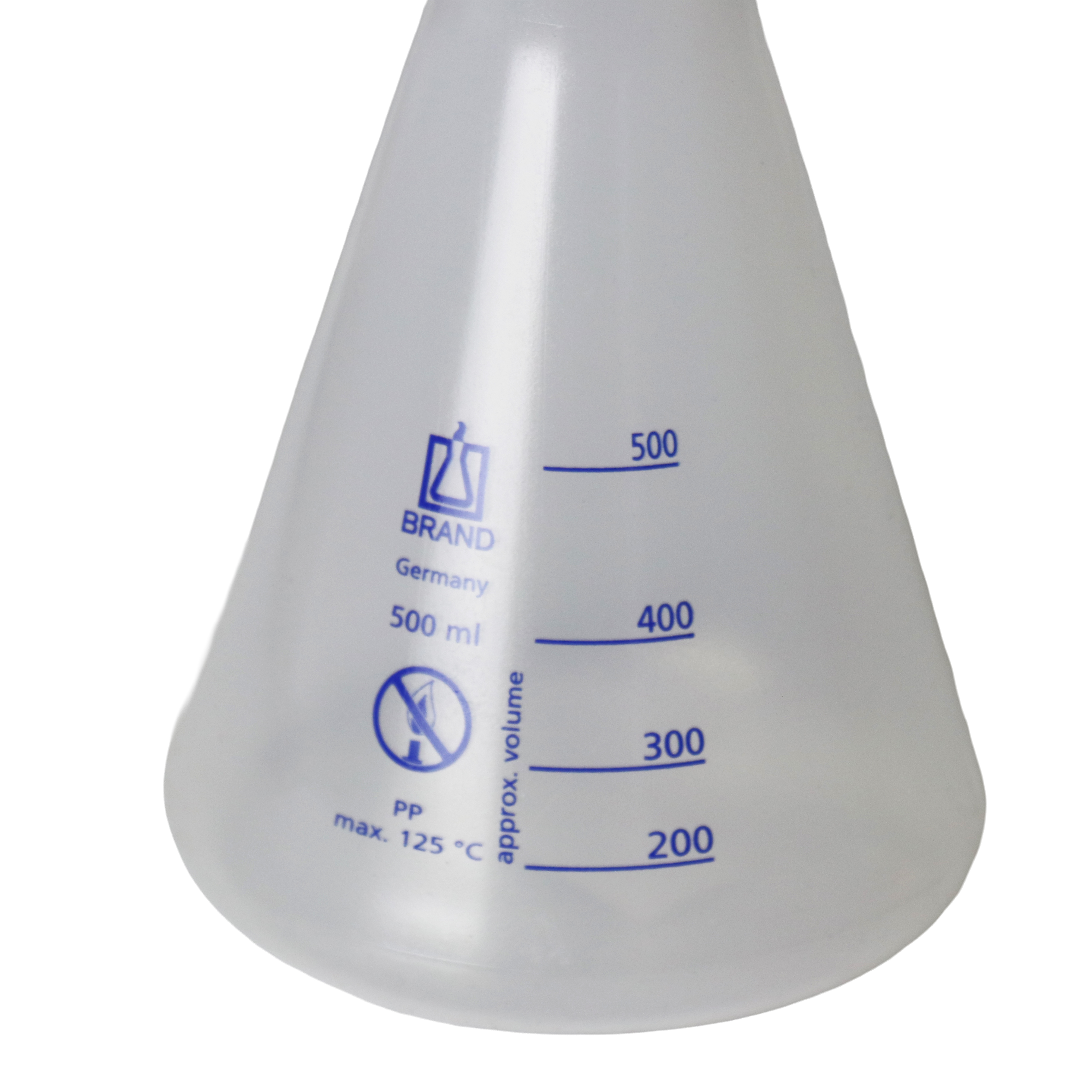 MATRAZ ERLENMEYER DE CUELLO ANCHO DE 500 ml, CON TAPA ROSCADA GL 45. BRAND