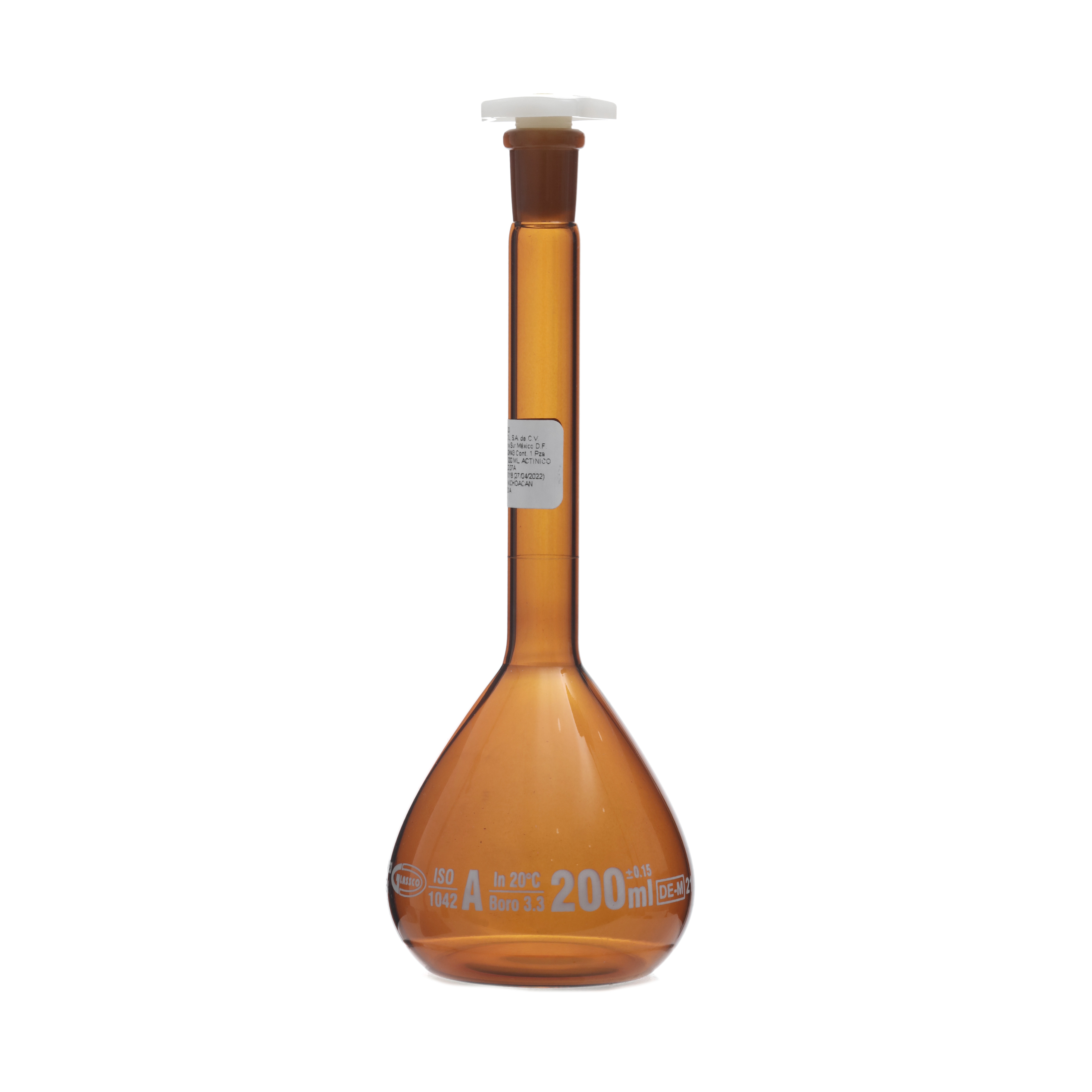 MATRAZ VOLUMÉTRICO DE 200ml CLASE A DIN ACTÍNICO. TAPÓN DE PLÁSTICO. KAVALIER