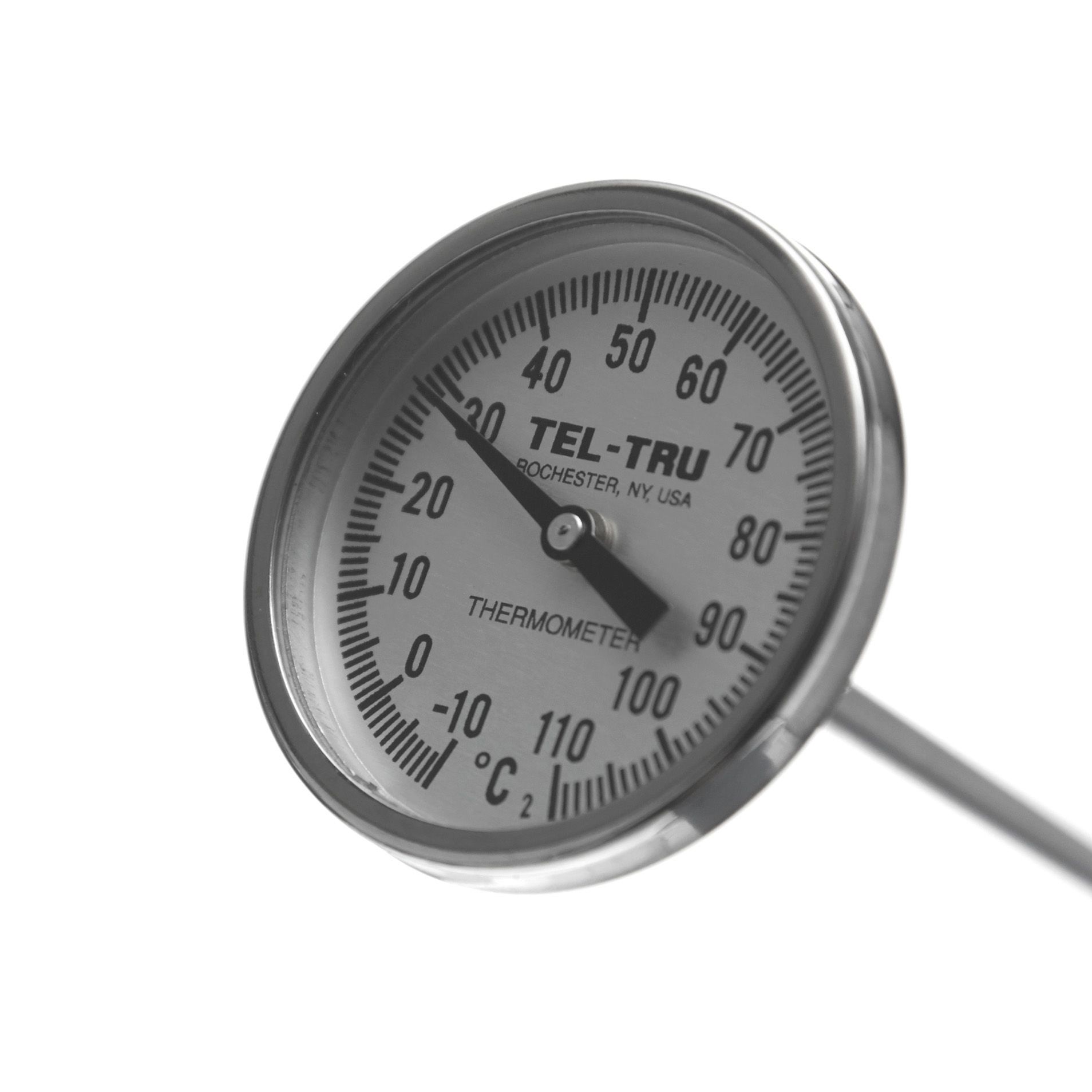 TERMÓMETRO BIMETÁLICO DE -10 A 110°C. VÁSTAGO DE 20cm. ROSCA DE 1/4". TEL-TRU