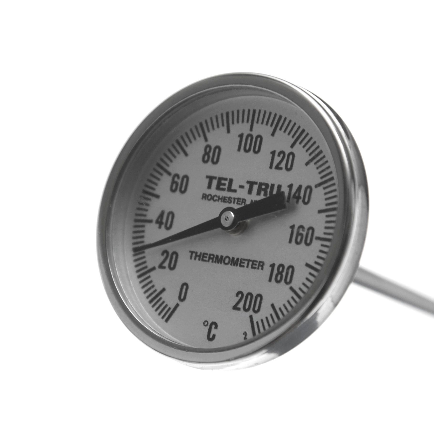 TERMÓMETRO BIMETÁLICO DE 0 A 200°C. VÁSTAGO DE 20cm. ROSCA DE 1/4". TEL-TRU
